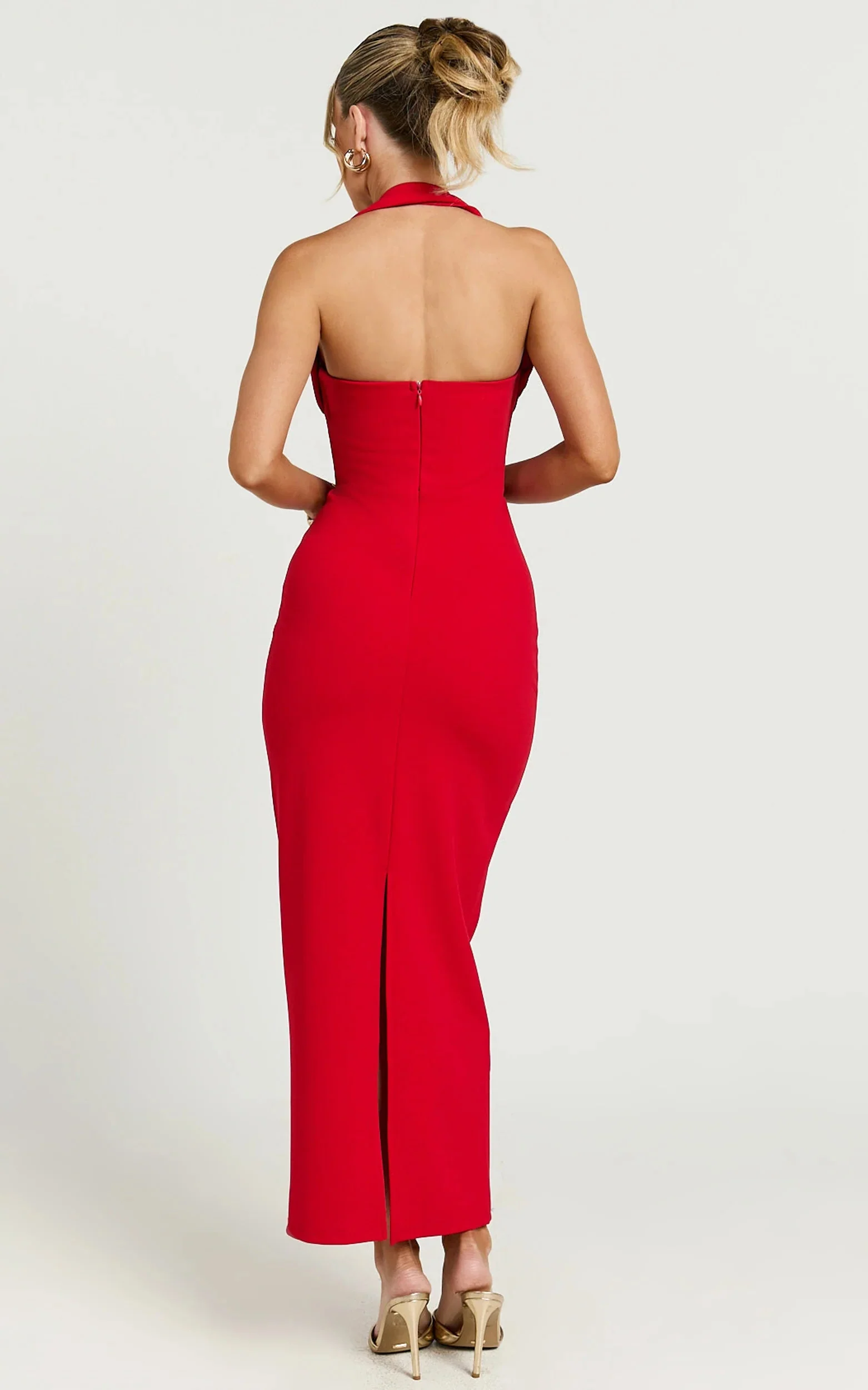 Salome Midi Dress Halter Neck Column Dress in Red