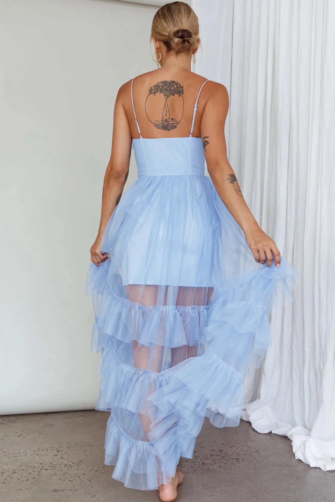 Moonlight Sonata Ruffle Mesh Maxi Dress Sky Blue