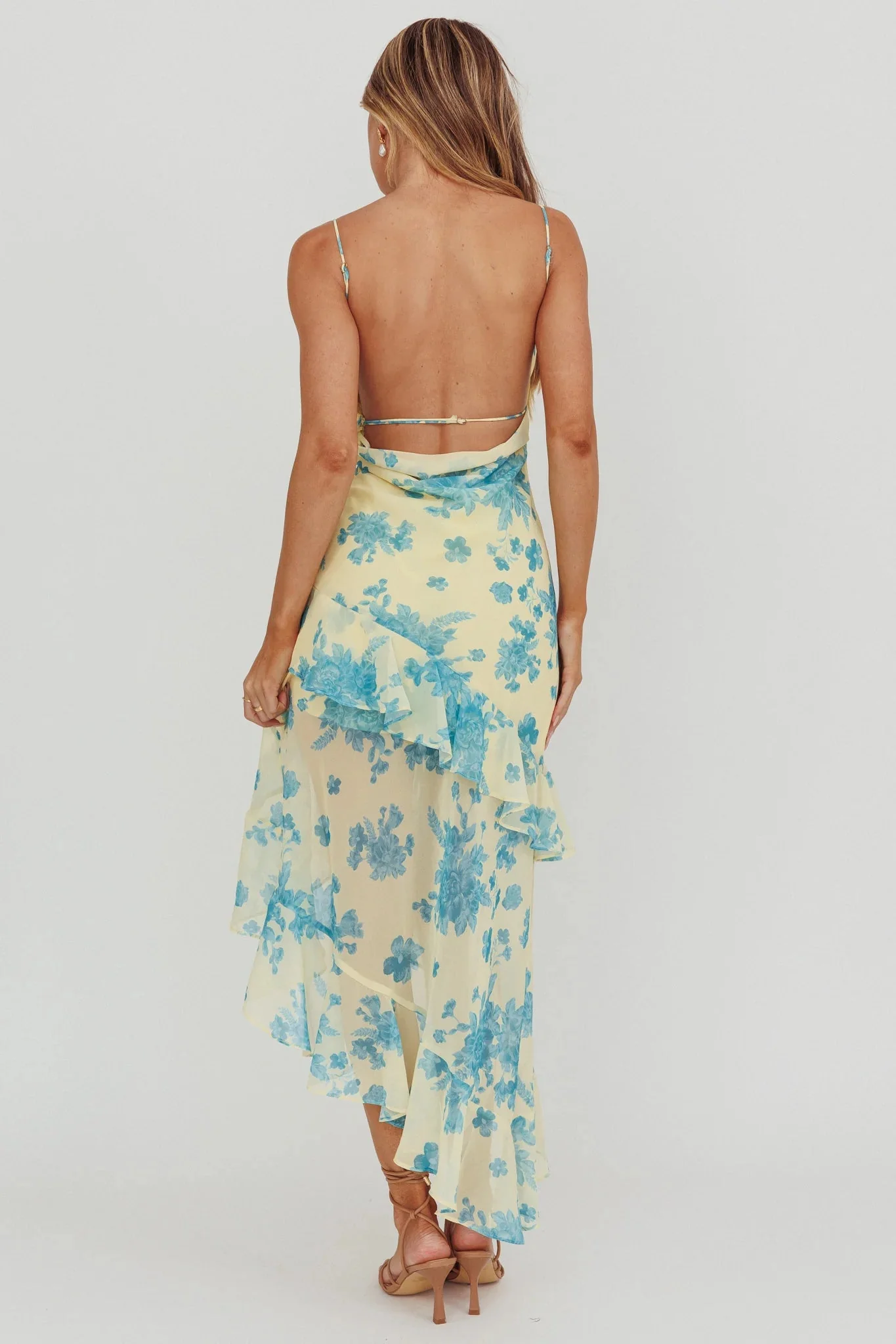 Chances Rosette Ruffle Midi Dress Floral Lemon