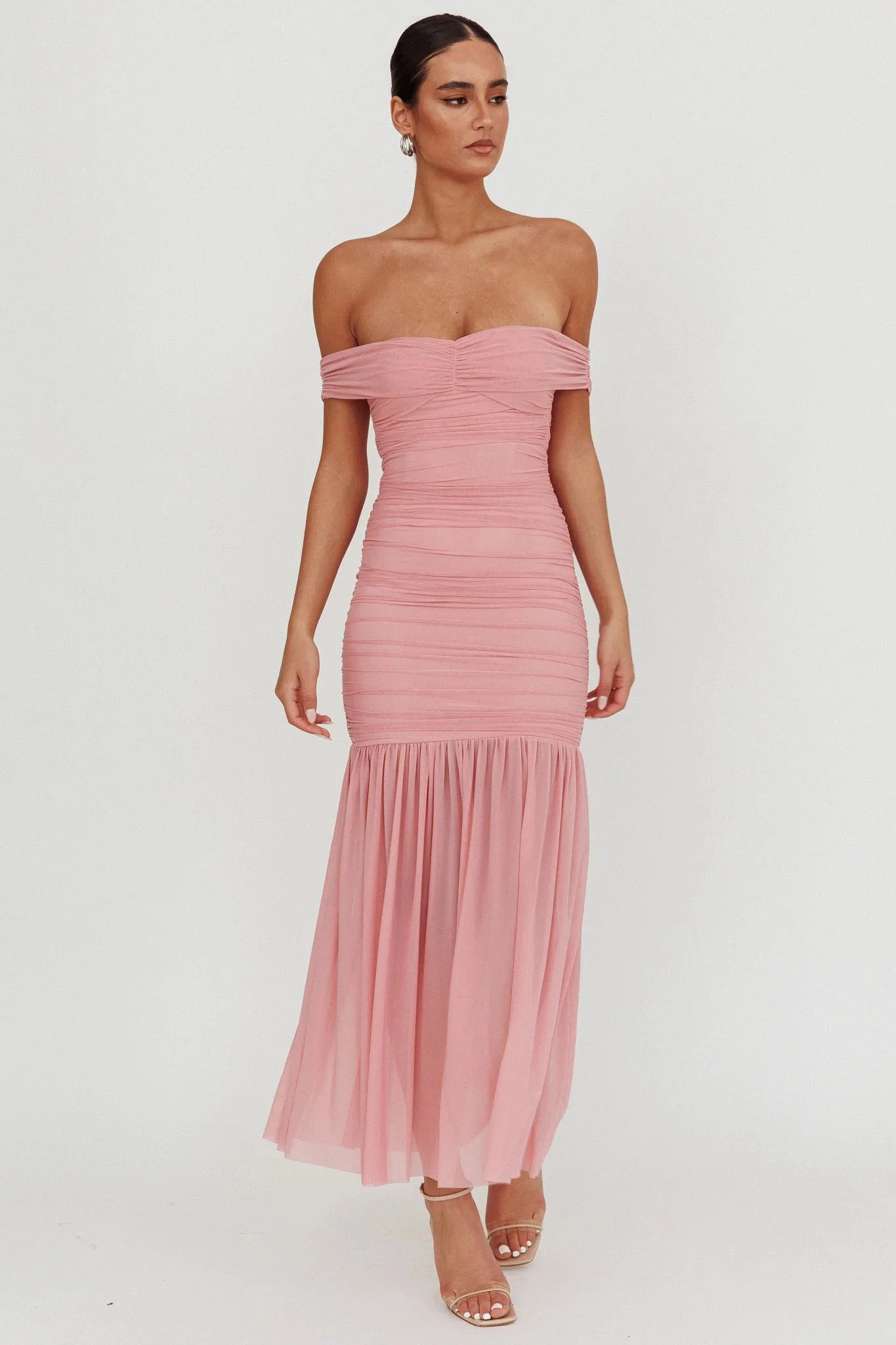La Salle Off Shoulder Mesh Maxi Dress Pink