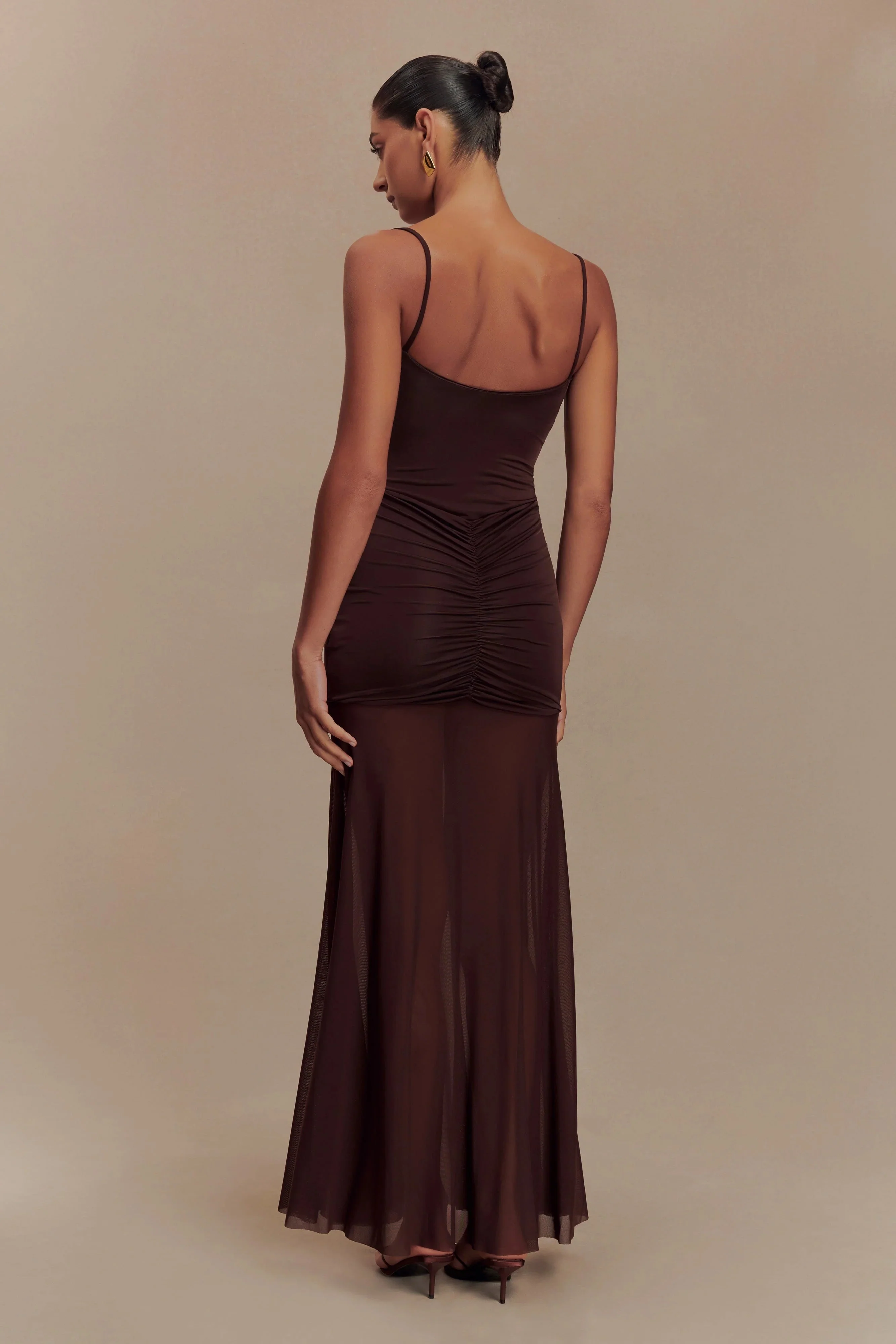 Delaney Slinky And Mesh Maxi Dress - Chocolate