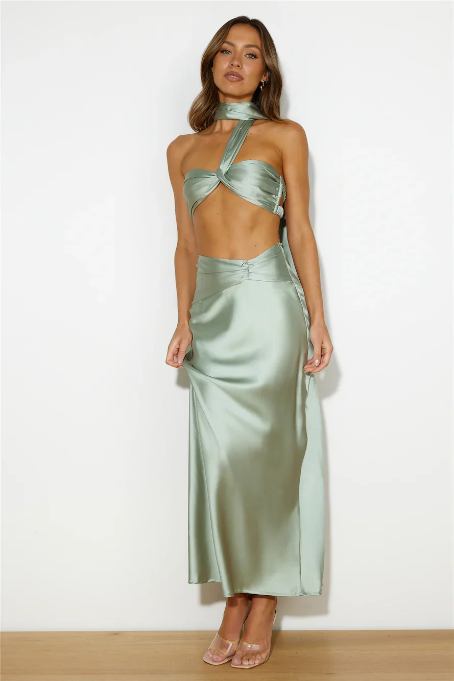 Ideal Vision Satin Maxi Skirt Sage