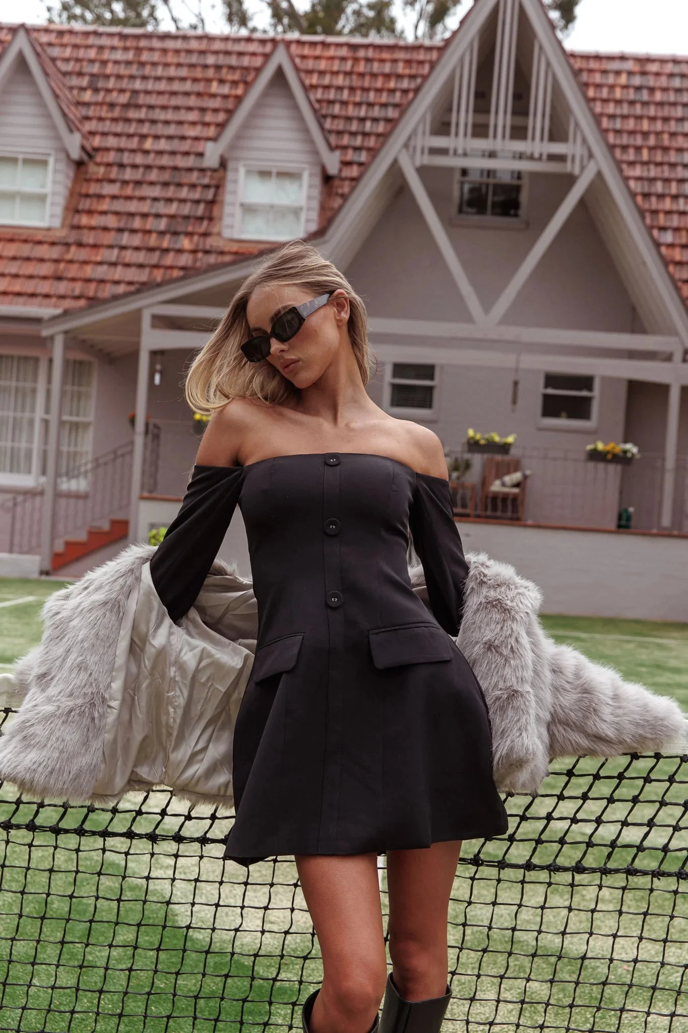 Cherry Wine Off Shoulder Mini Dress Black