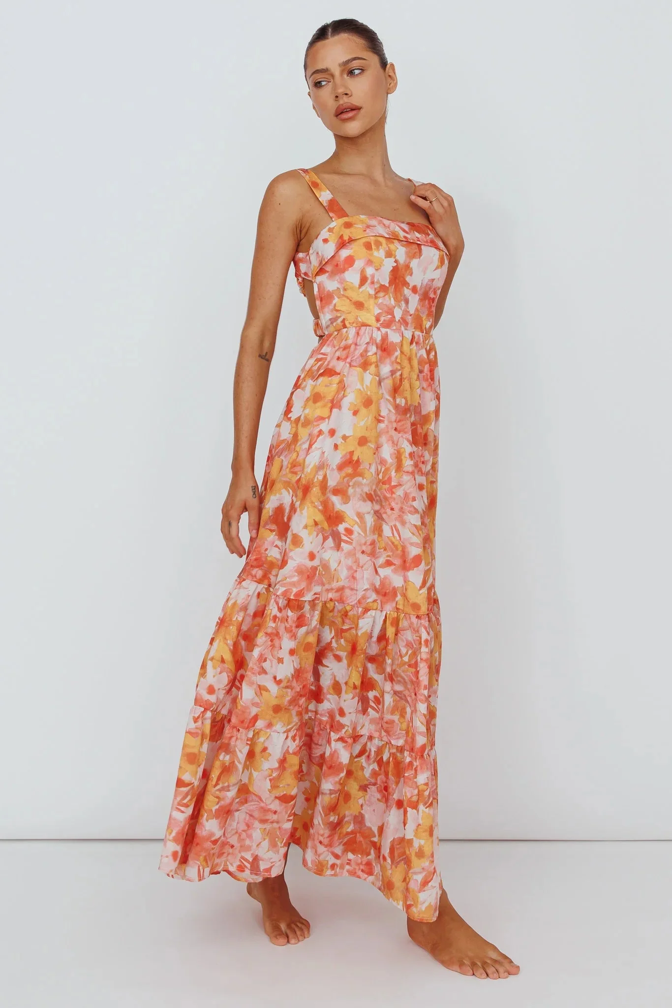 Lisseth Foldover Neckline Midi Dress Floral Red