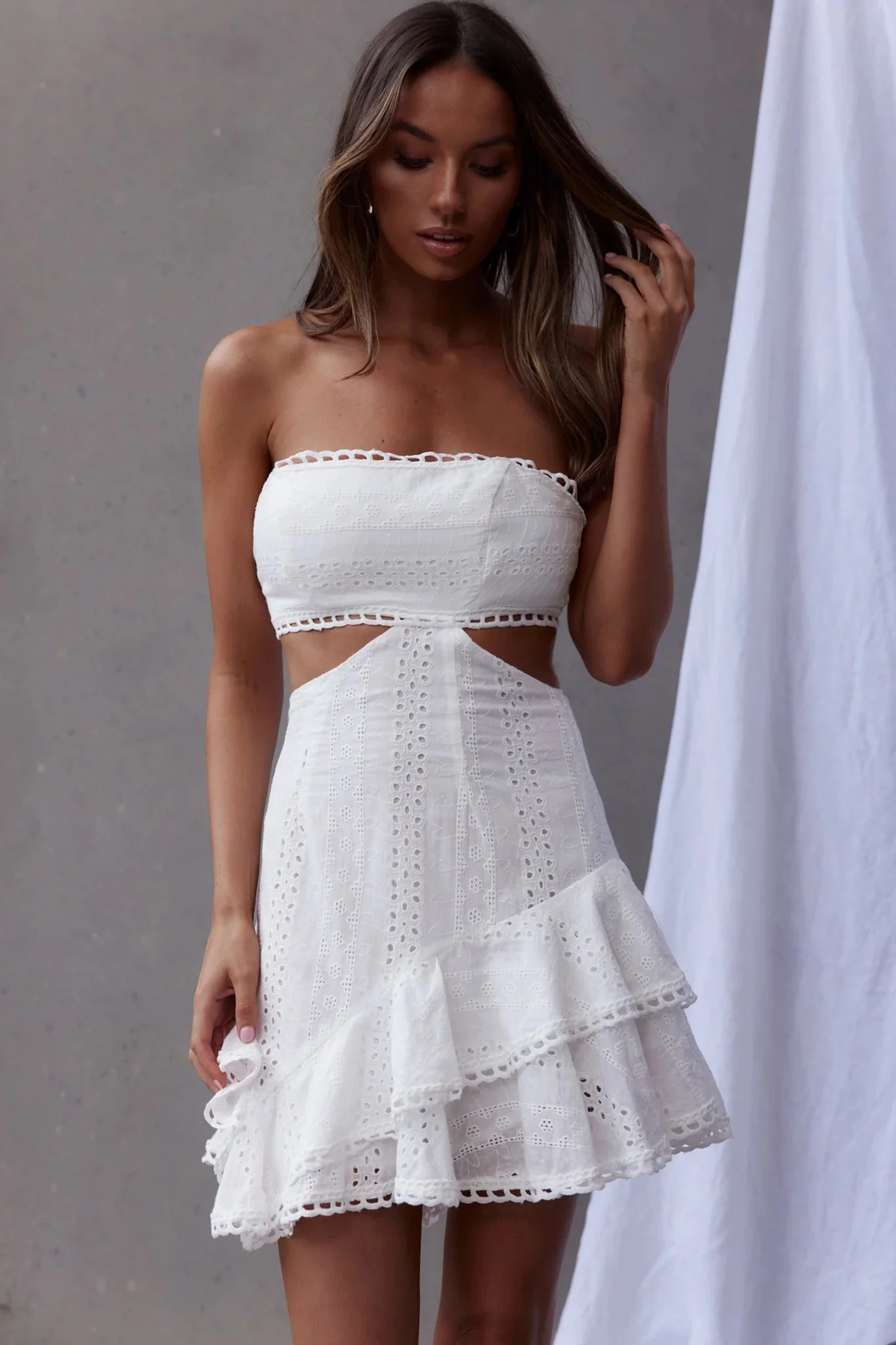 Majorca Cut-Out Waist Eyelet Dress White