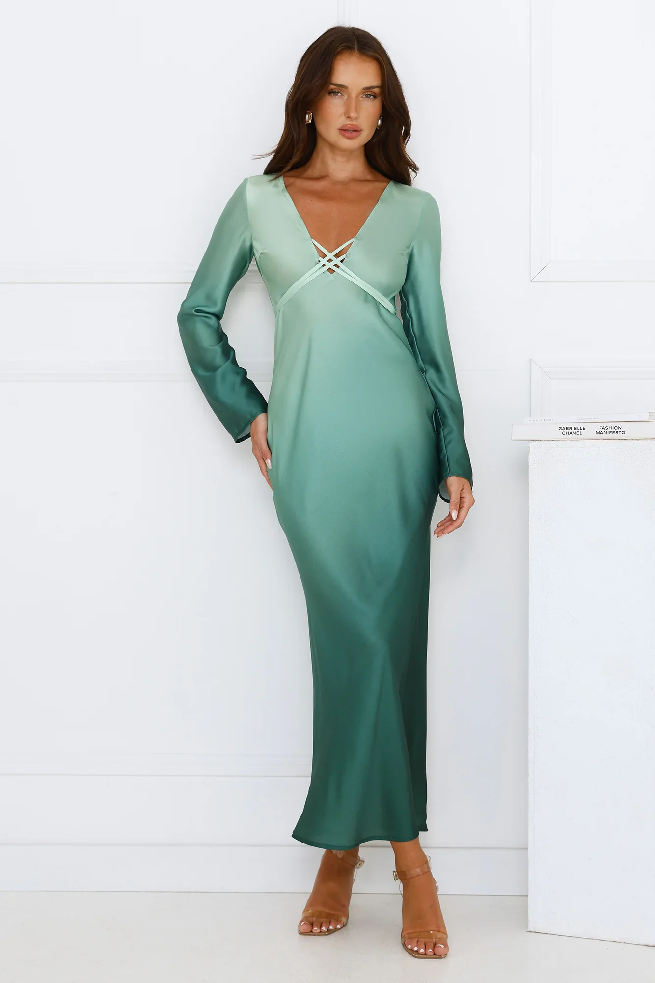 Horizon Hues Satin Long Sleeve Midi Dress Green Ombre
