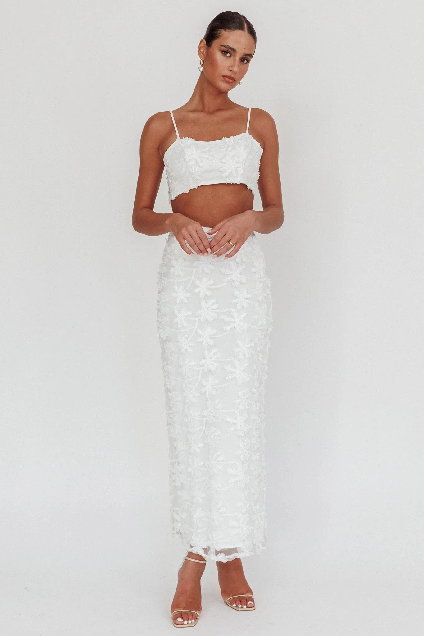 Casi Palm Tree Embroidered Maxi Skirt White