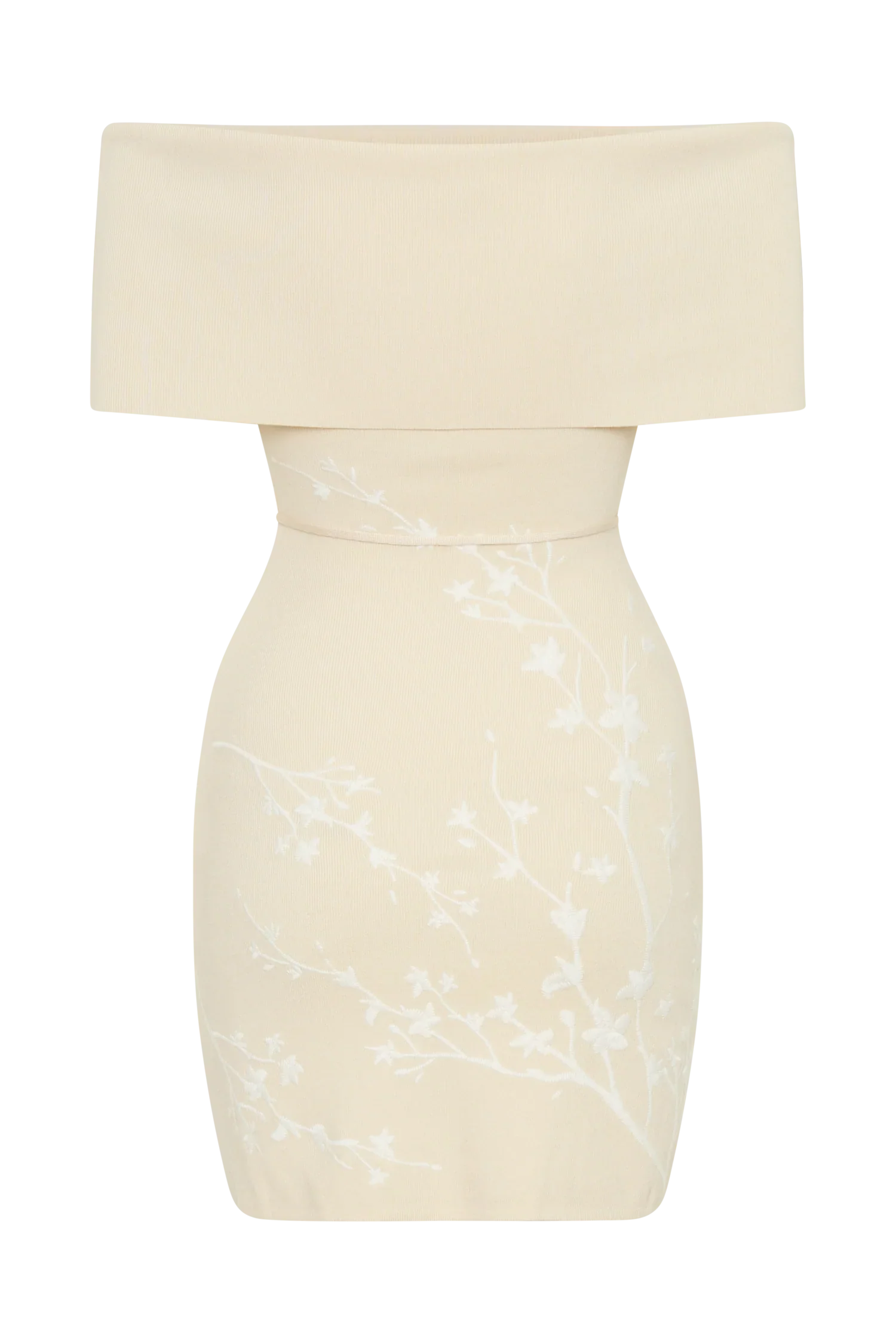 Mallory Off Shoulder Embroidered Knit Mini Dress - Cream And Ivory