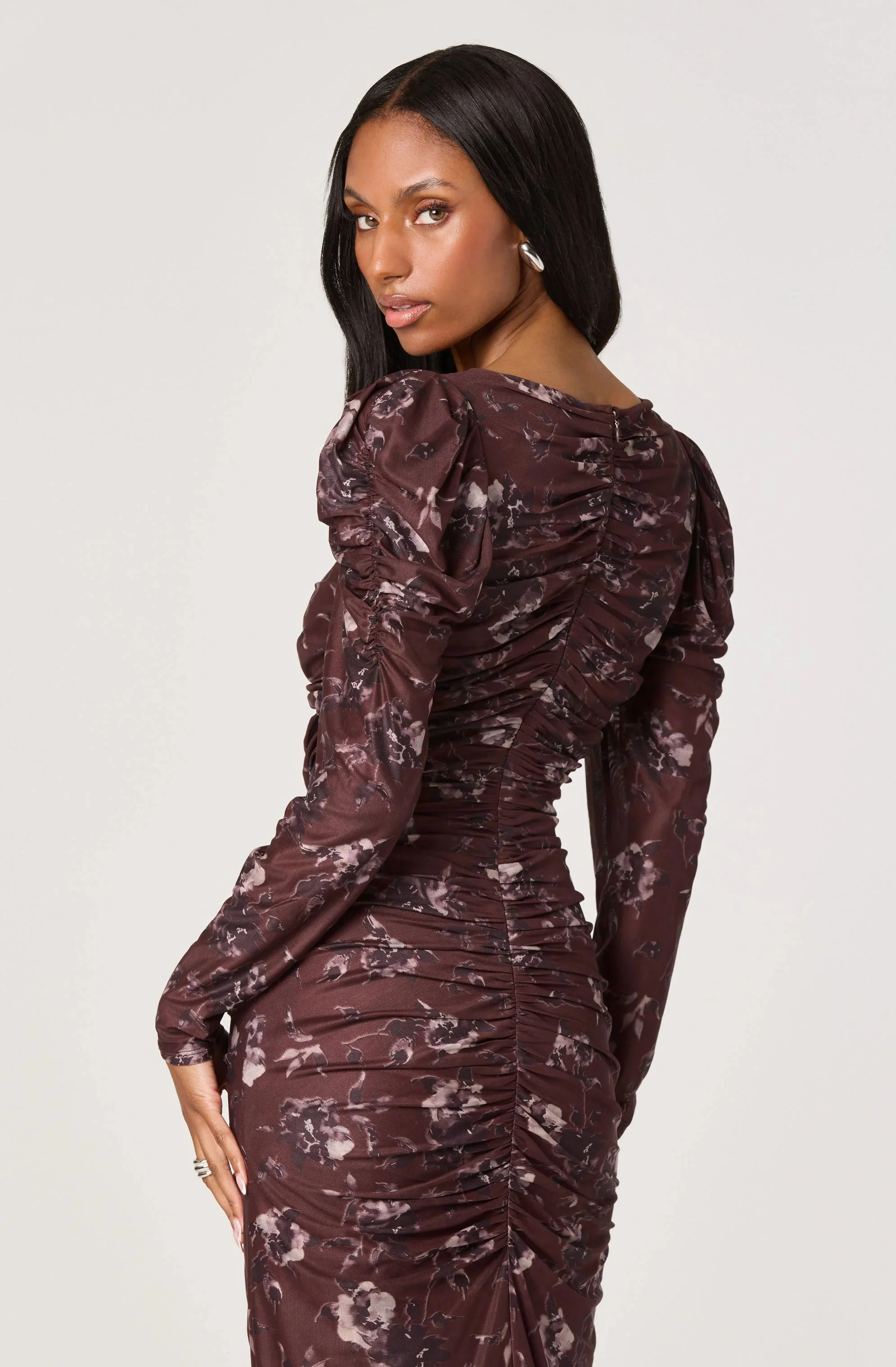 Ruched Mesh Midi Dress