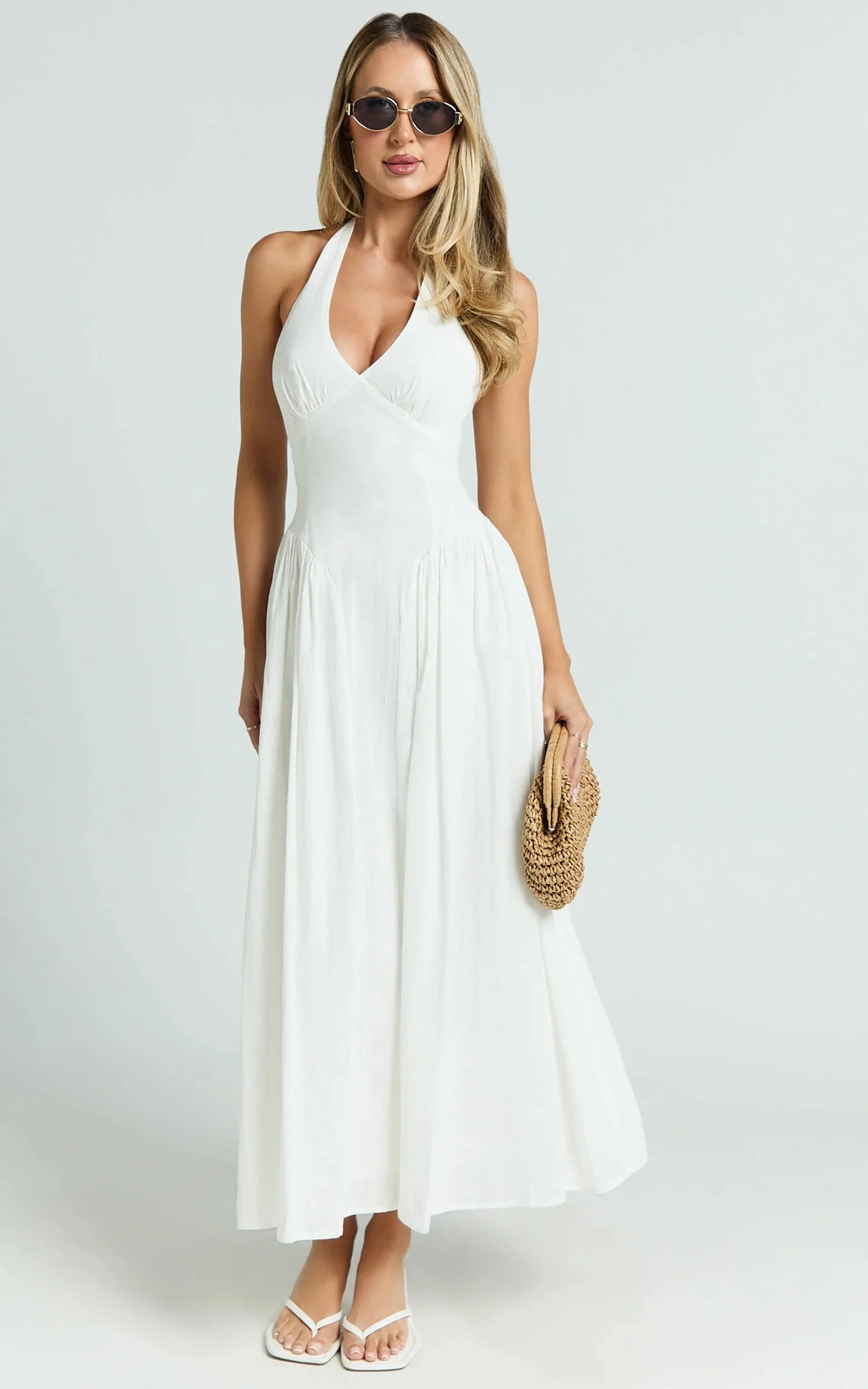 Athena Midi Dress Halter Drop Waist Dress in White