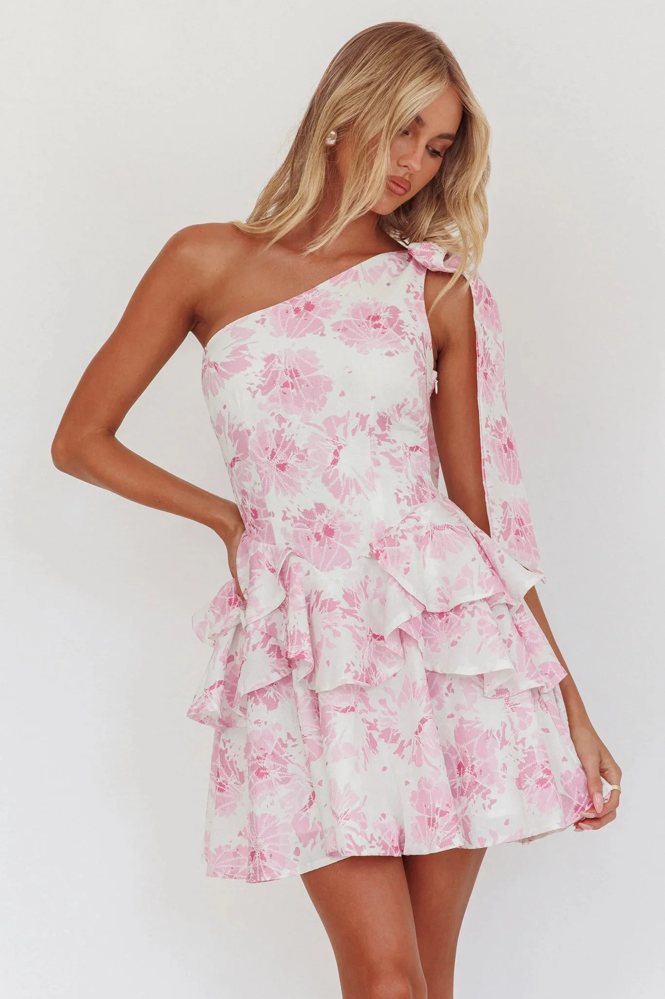 Like Me One-Shoulder Layered Mini Dress Floral Pink
