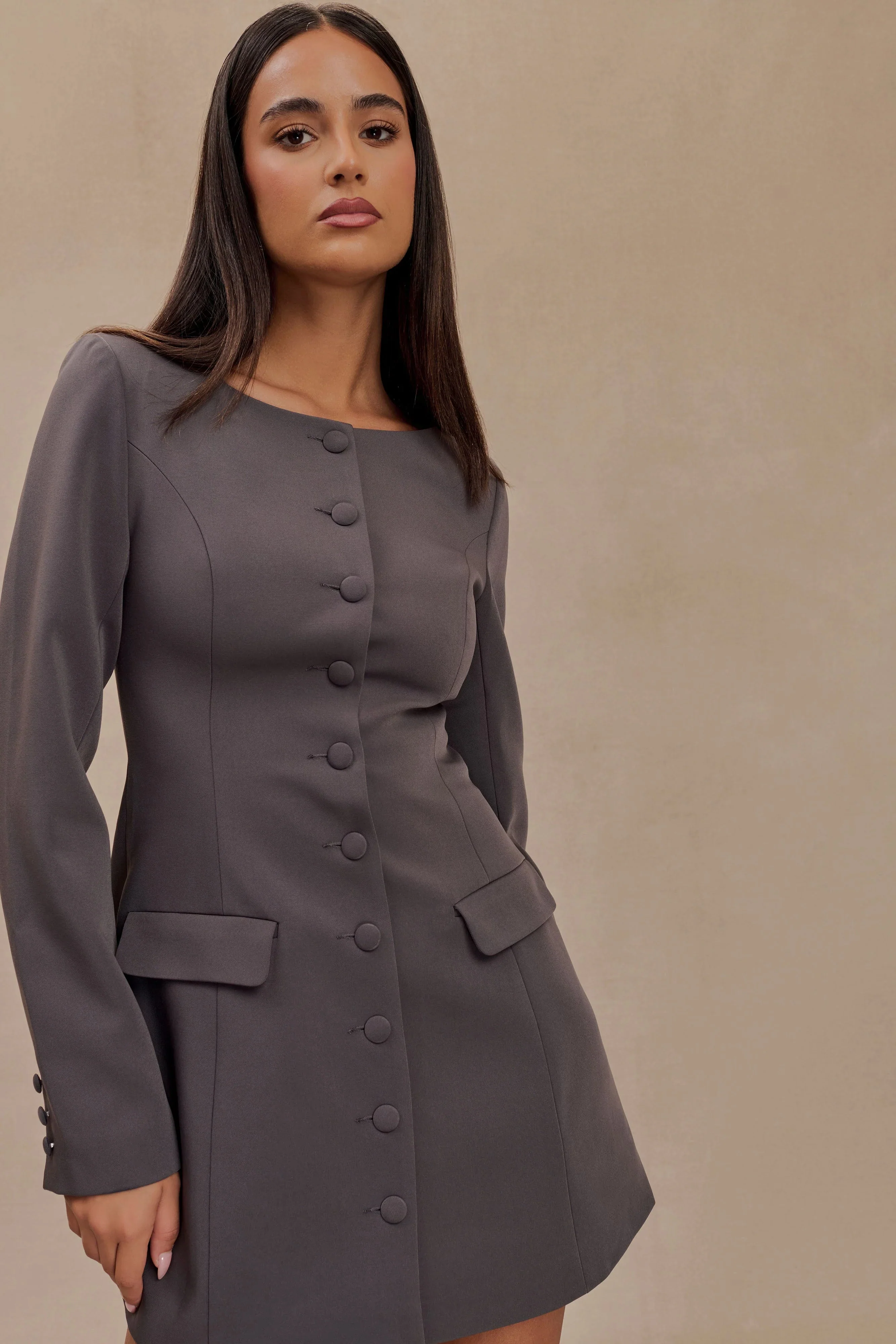 Jolie Boat Neck Suiting Mini Dress - Charcoal Grey
