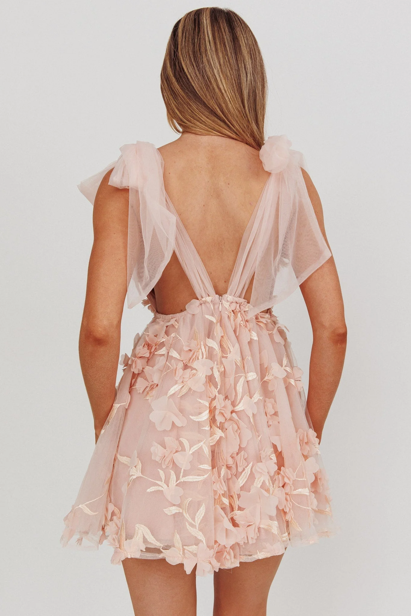 Chantilly Tied Shoulder Mini Dress Floral Embellished Pink