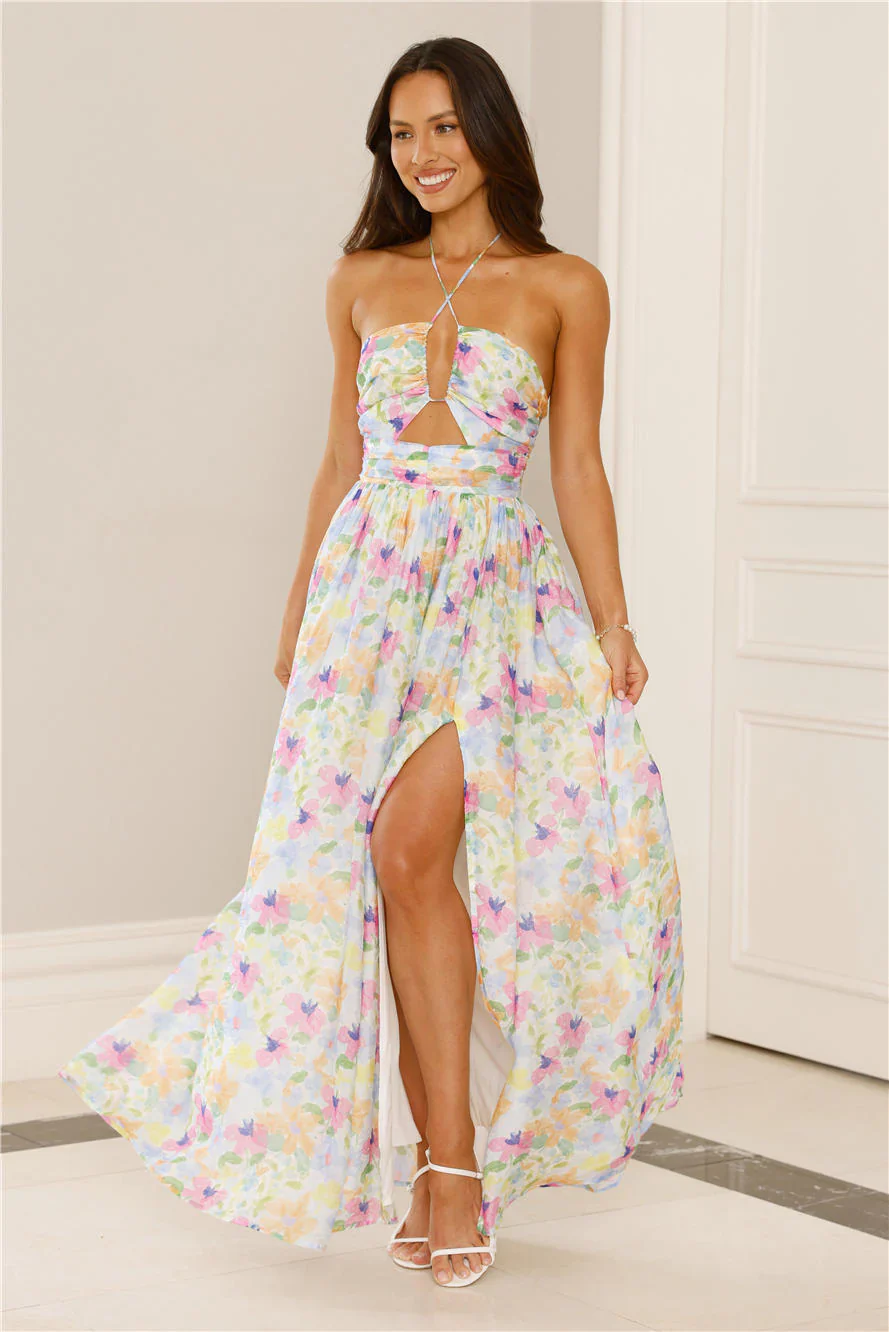 Hibiscus Hues Halter Maxi Dress Print