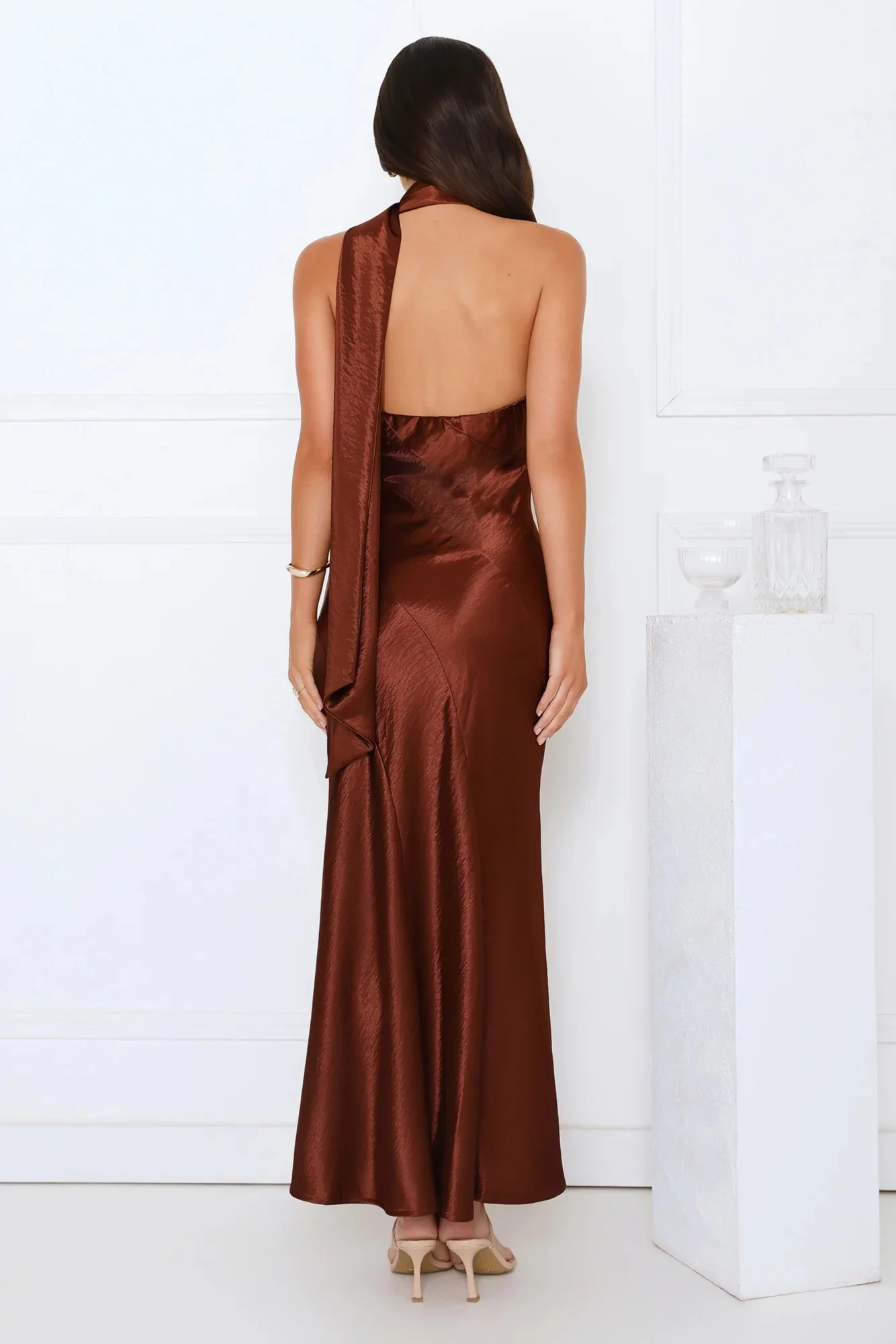 She’s Got Plans Satin Maxi Dress Brown