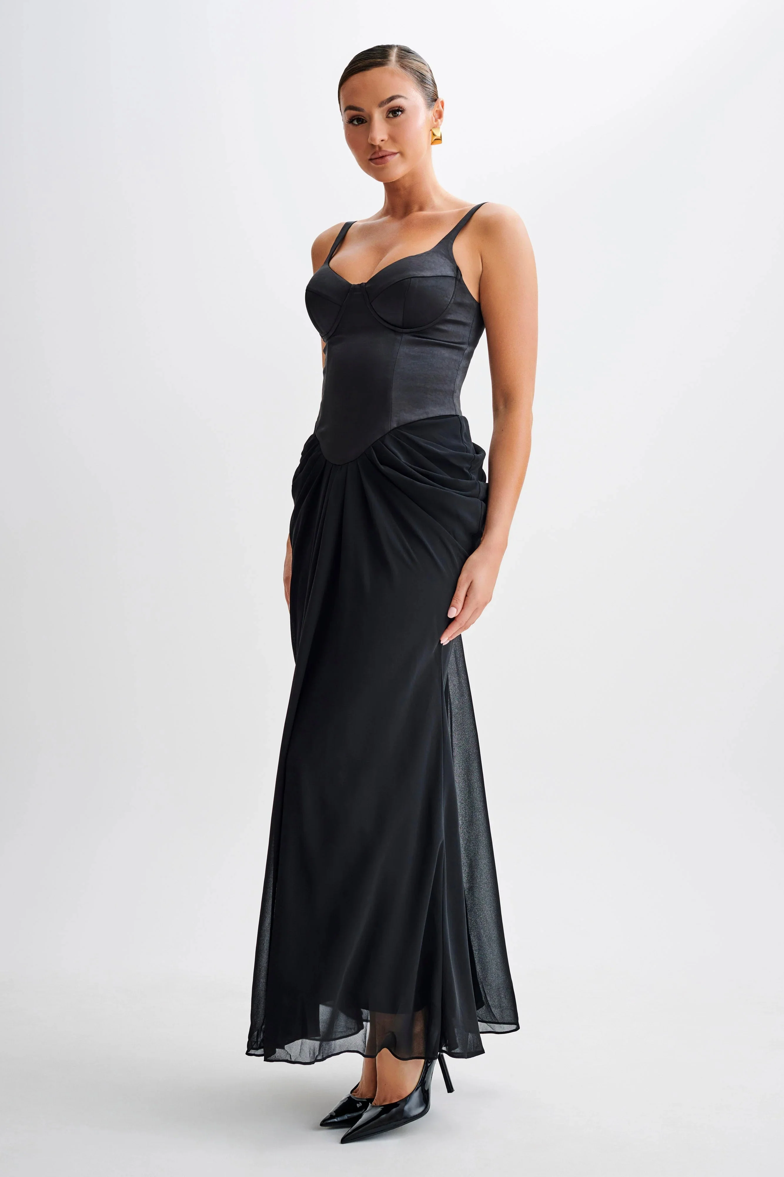 Leila Satin Corset Maxi Dress - Black