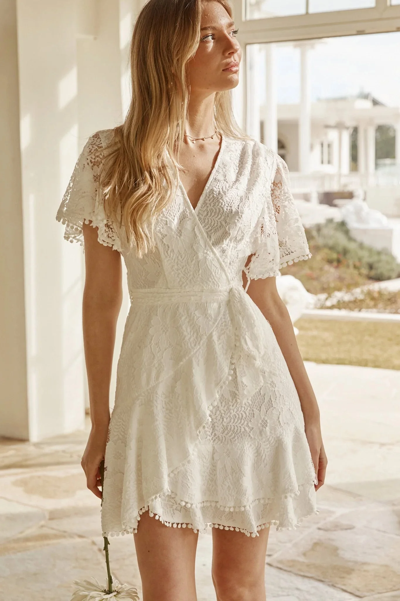 Cami Angel Sleeve Faux Wrap Dress White