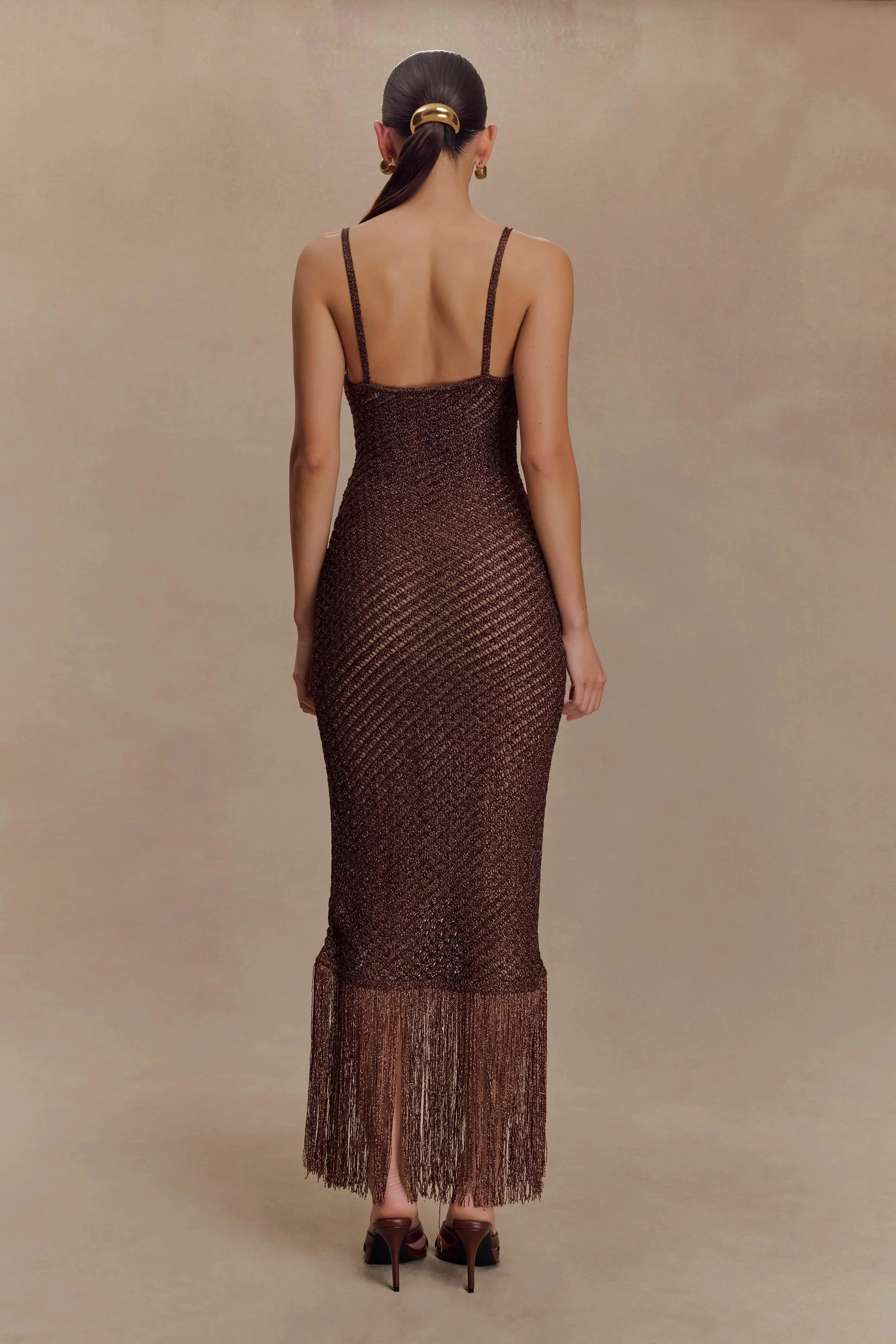 Raelynn Metallic Knit Fringe Midi Dress - Dark Chocolate