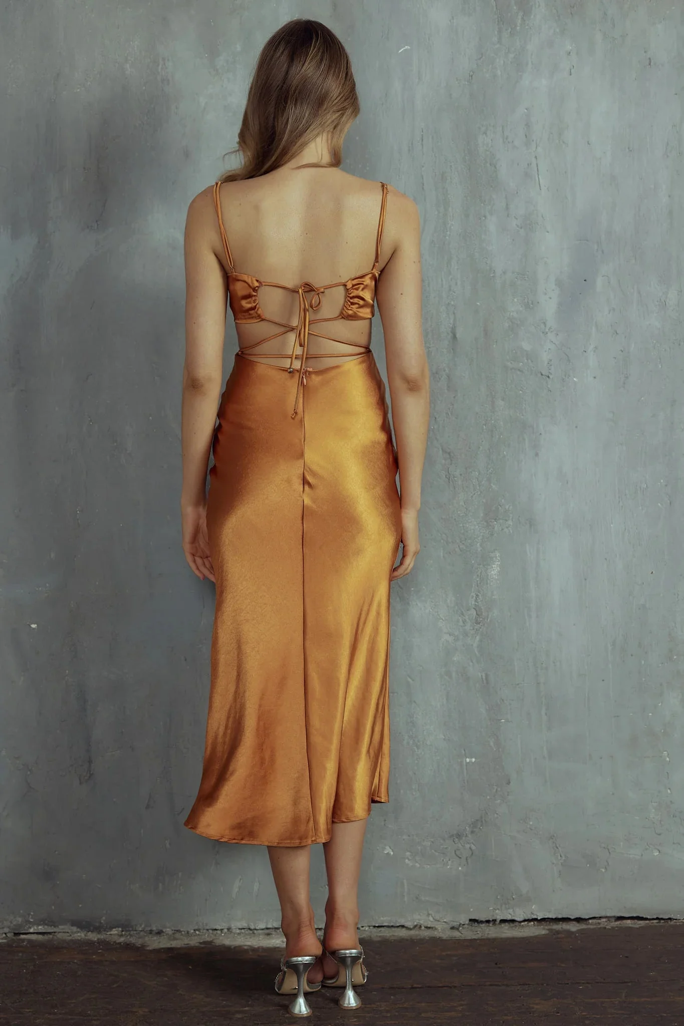 City Lights Cut-Out Waist Strappy Back Midi Dress Bronze