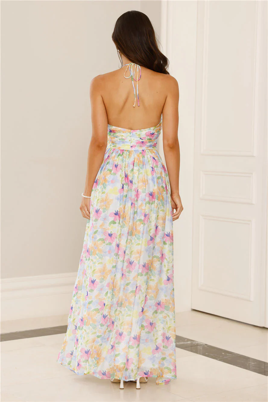 Hibiscus Hues Halter Maxi Dress Print