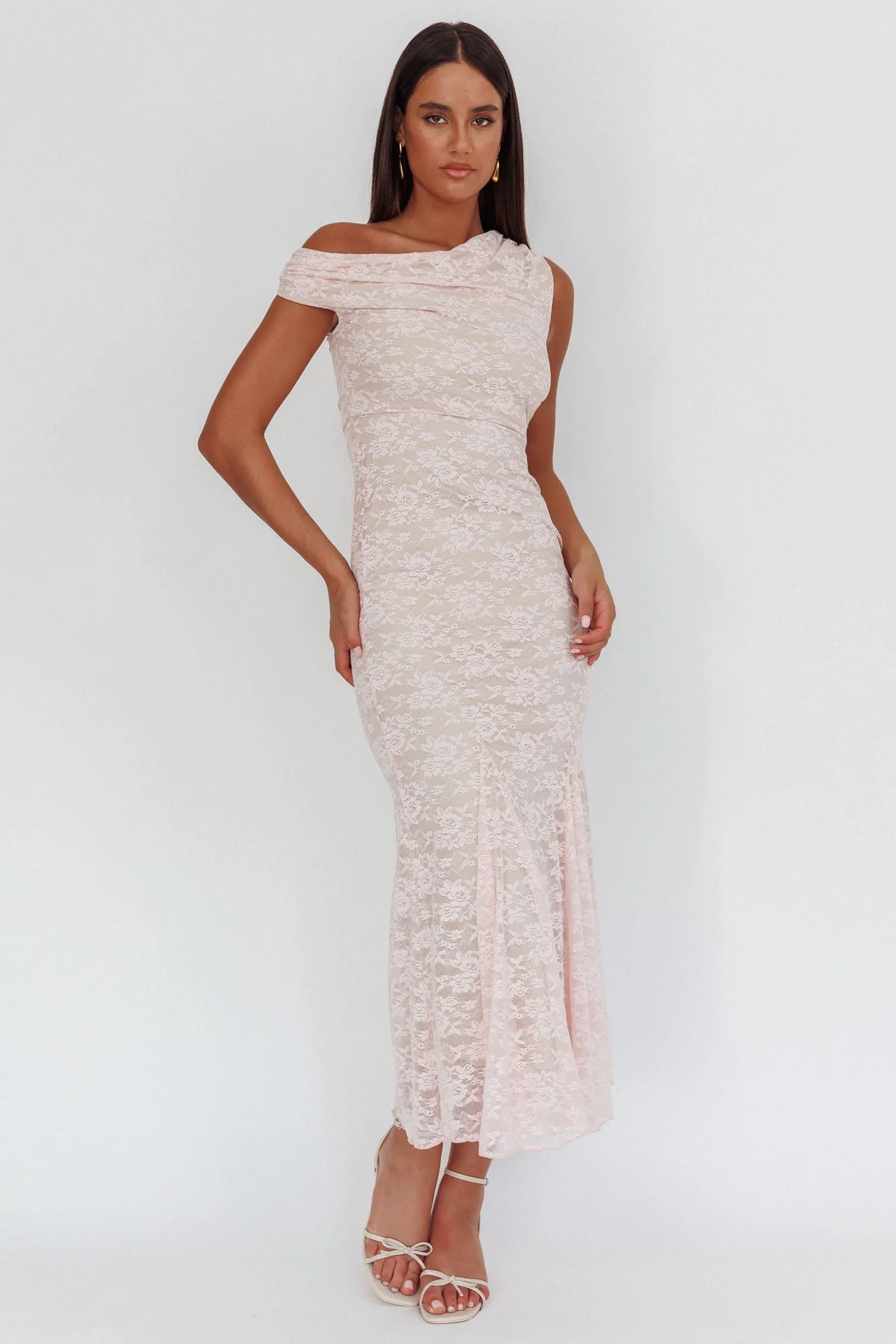 Diana Asymmetric Shoulder Godet Maxi Dress Lace Pink