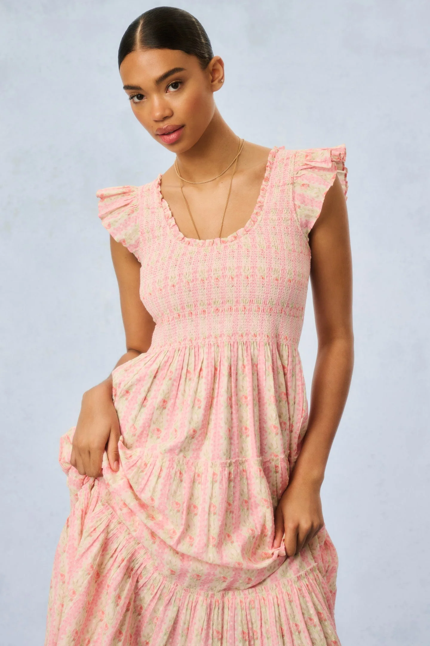 Chessie Fragrance Print Cotton Maxi Dress - STRAWBERRY MACAROON