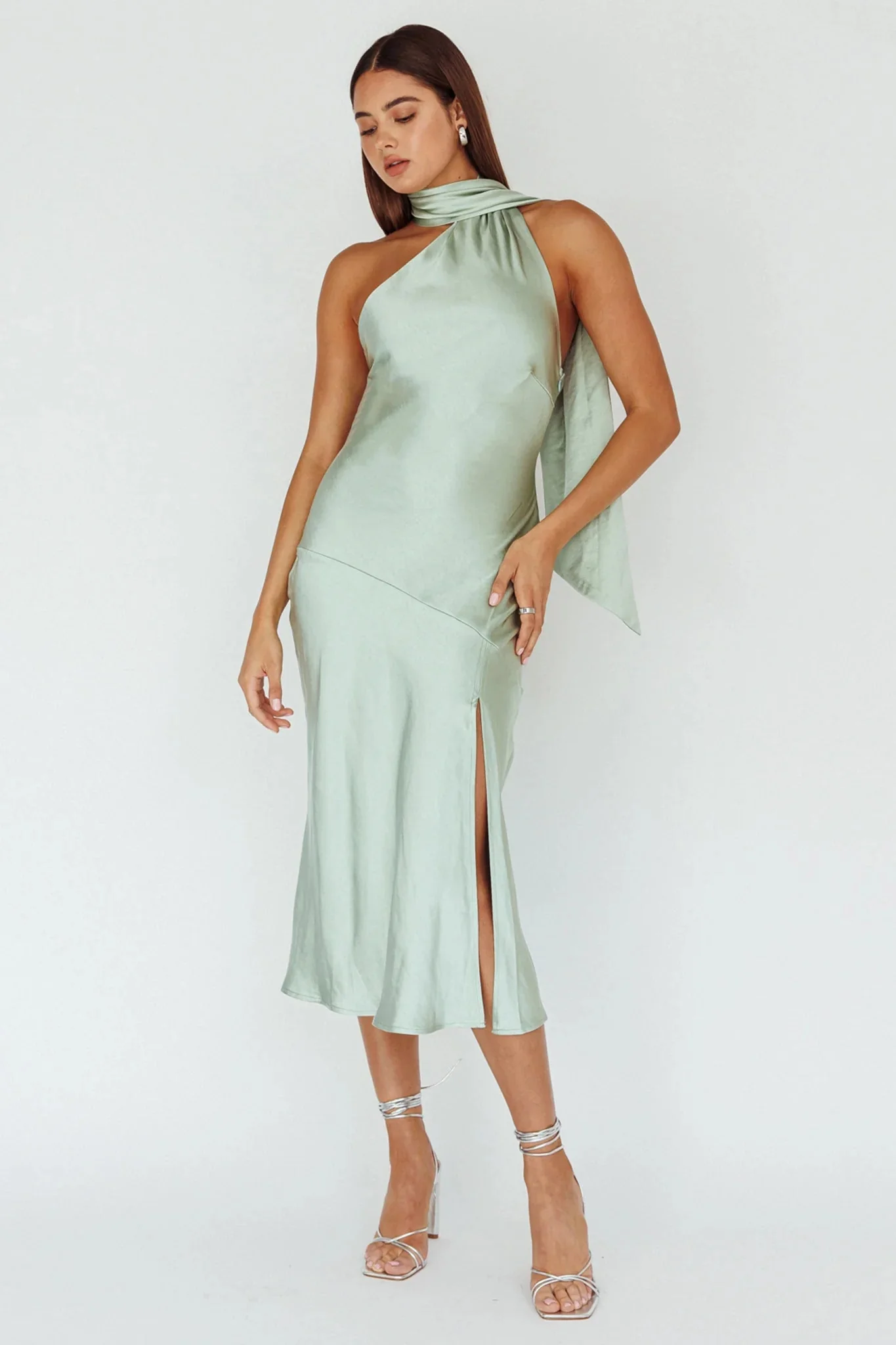 Italian Summer Tie Neck Midi Dress Sage