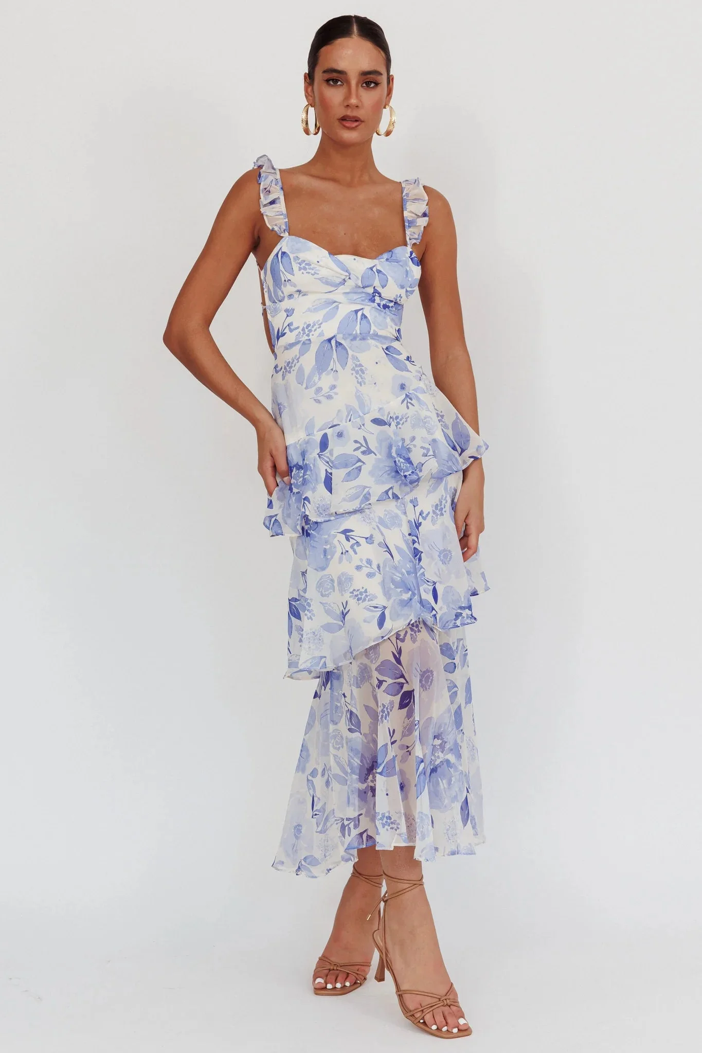 Veda Strappy Back Ruffle Maxi Dress Flowers Blue