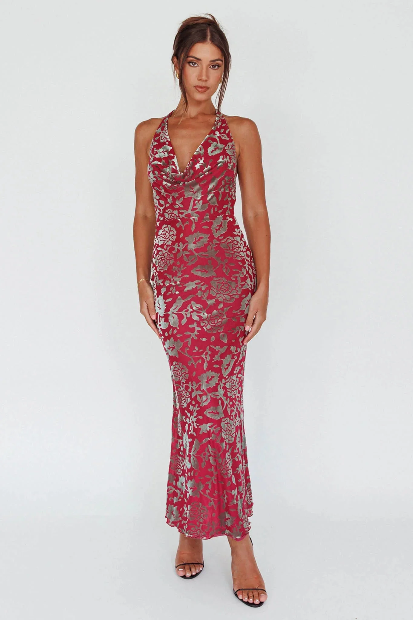 Byzantine Cowl Halterneck Midi Dress Floral Wine