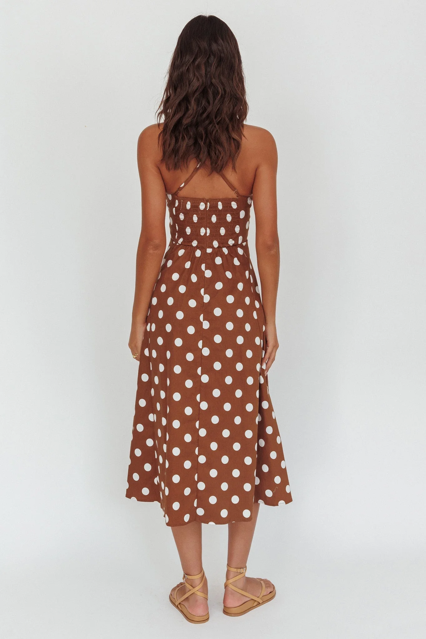 Second Glance Olga Criss-Cross Back Midi Dress Polka Dot Brown