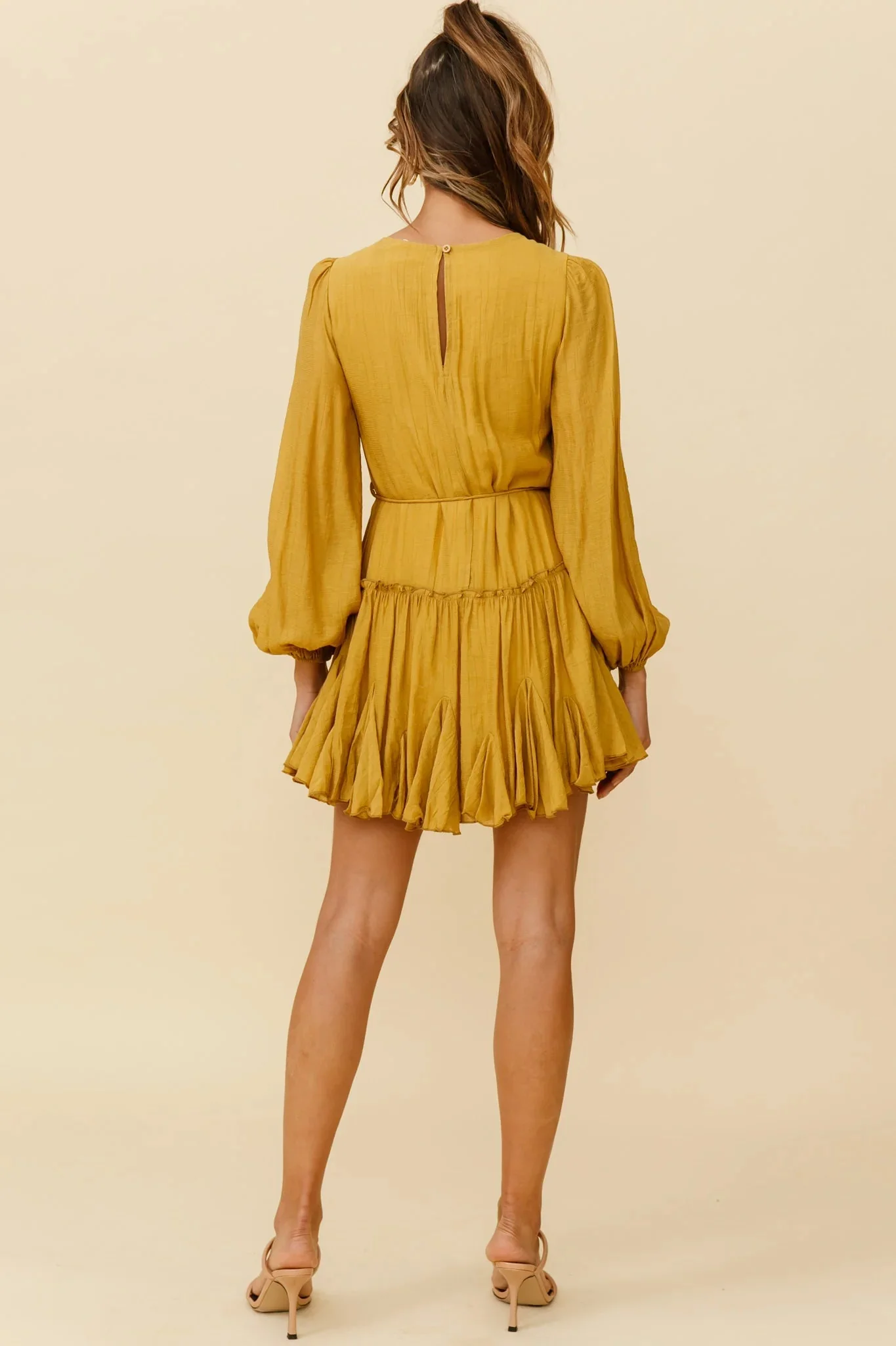 Rosabel Balloon Sleeve Fluted Hem Dress Mustard
