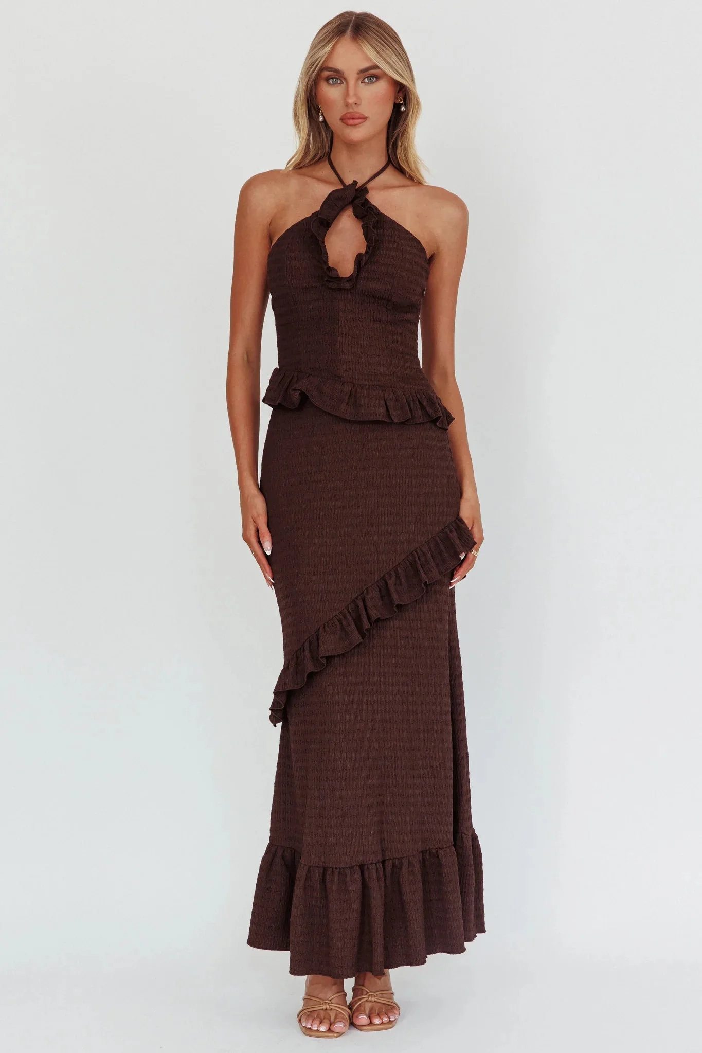 Clemence Smocked Frill Trim Maxi Dress Chocolate