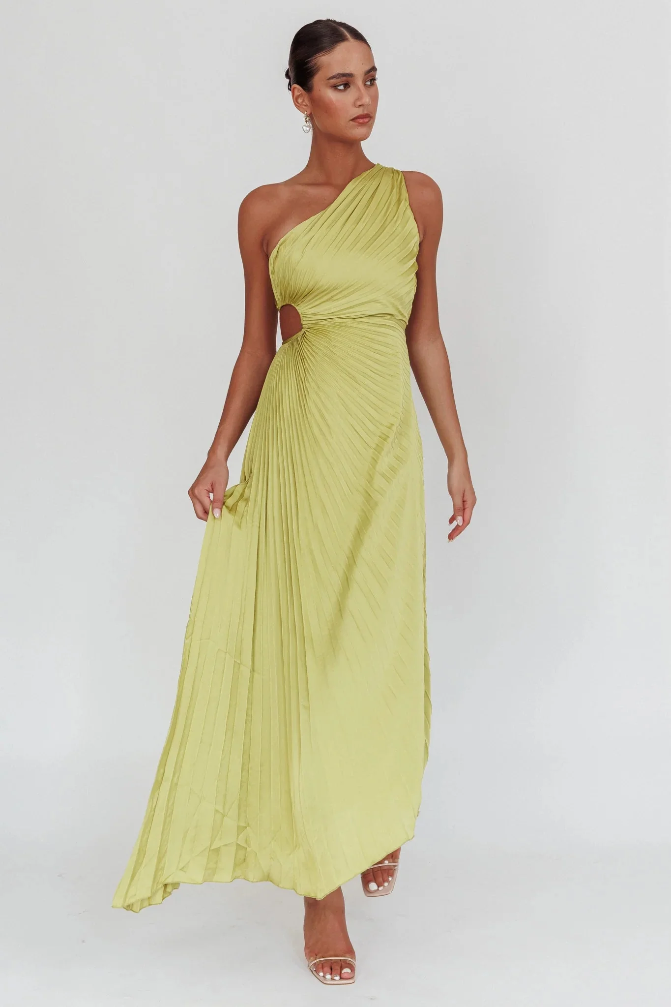 Amelie One-Shoulder Accordion Pleat Maxi Dress Lime