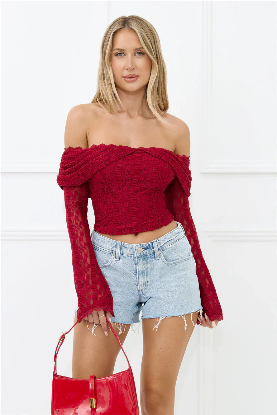 Lace Delight Off Shoulder Top Burgundy