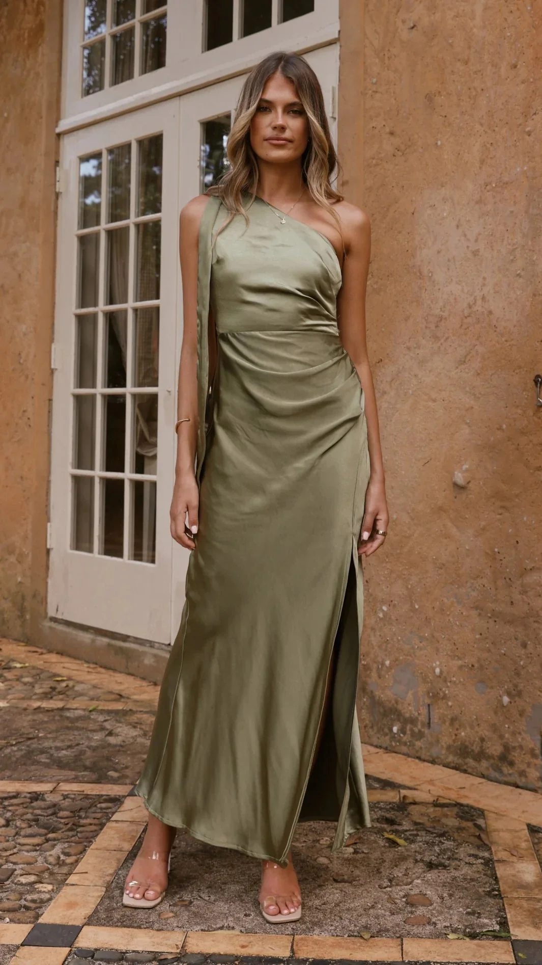 Halle One Shoulder Maxi Dress - Olive