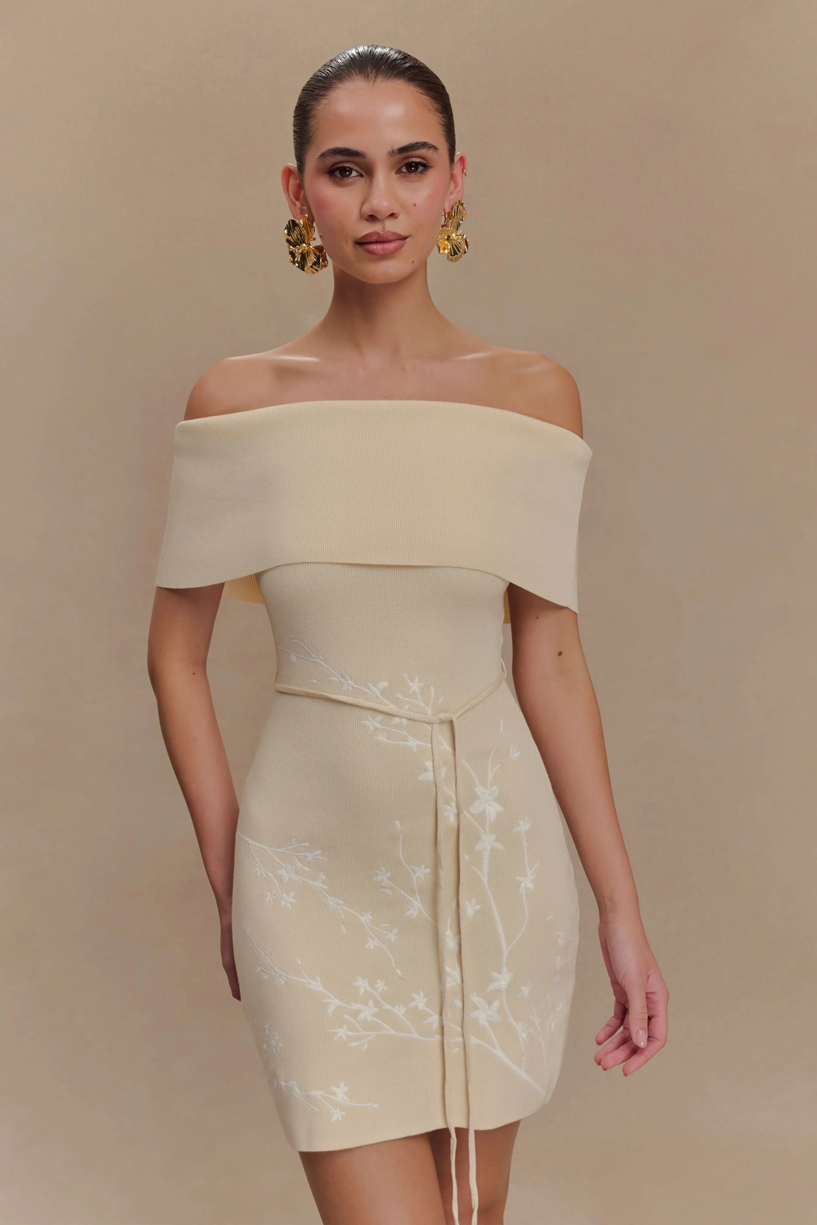 Mallory Off Shoulder Embroidered Knit Mini Dress - Cream And Ivory