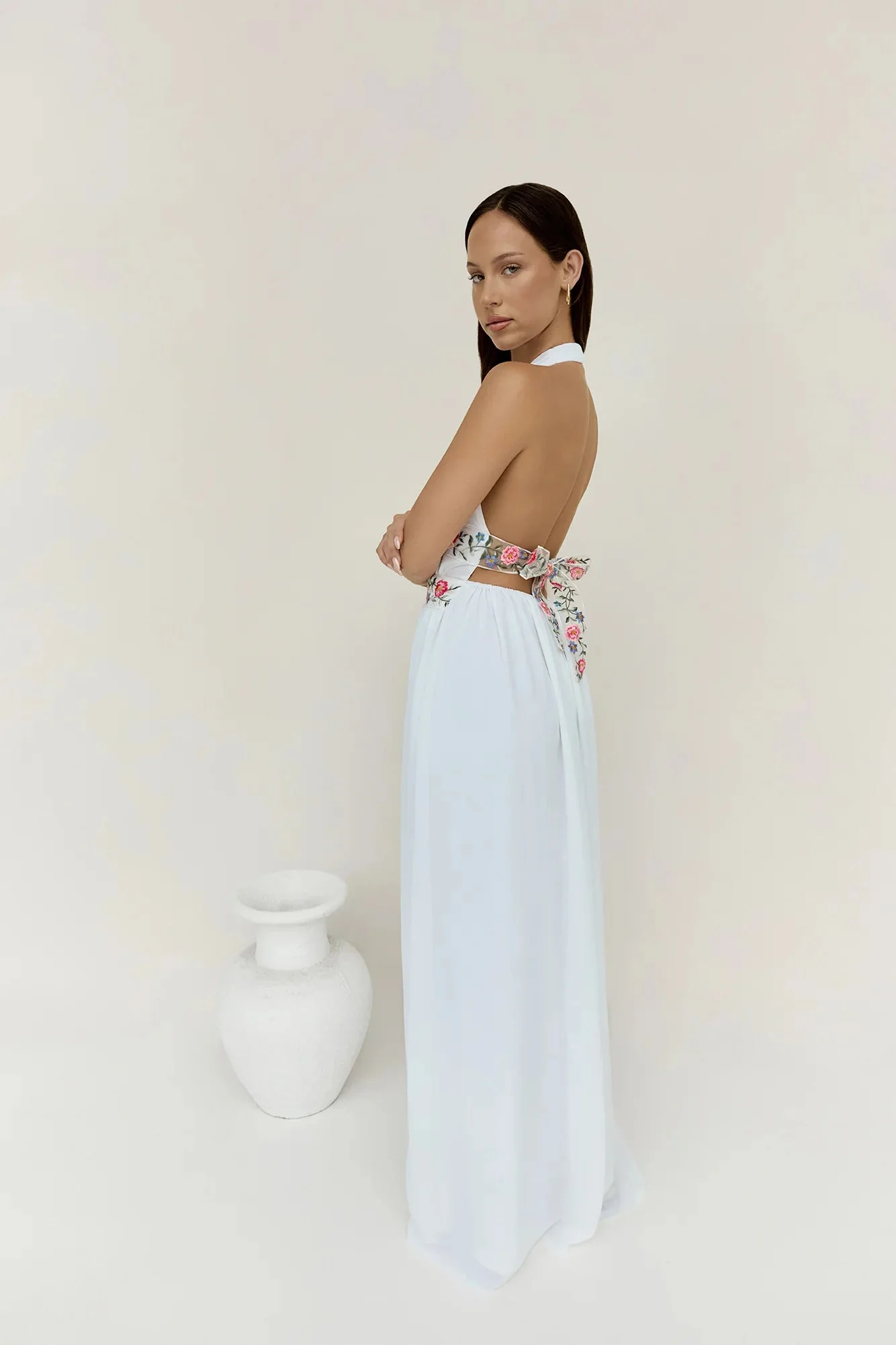 Maldives Garden Halter Maxi Dress White