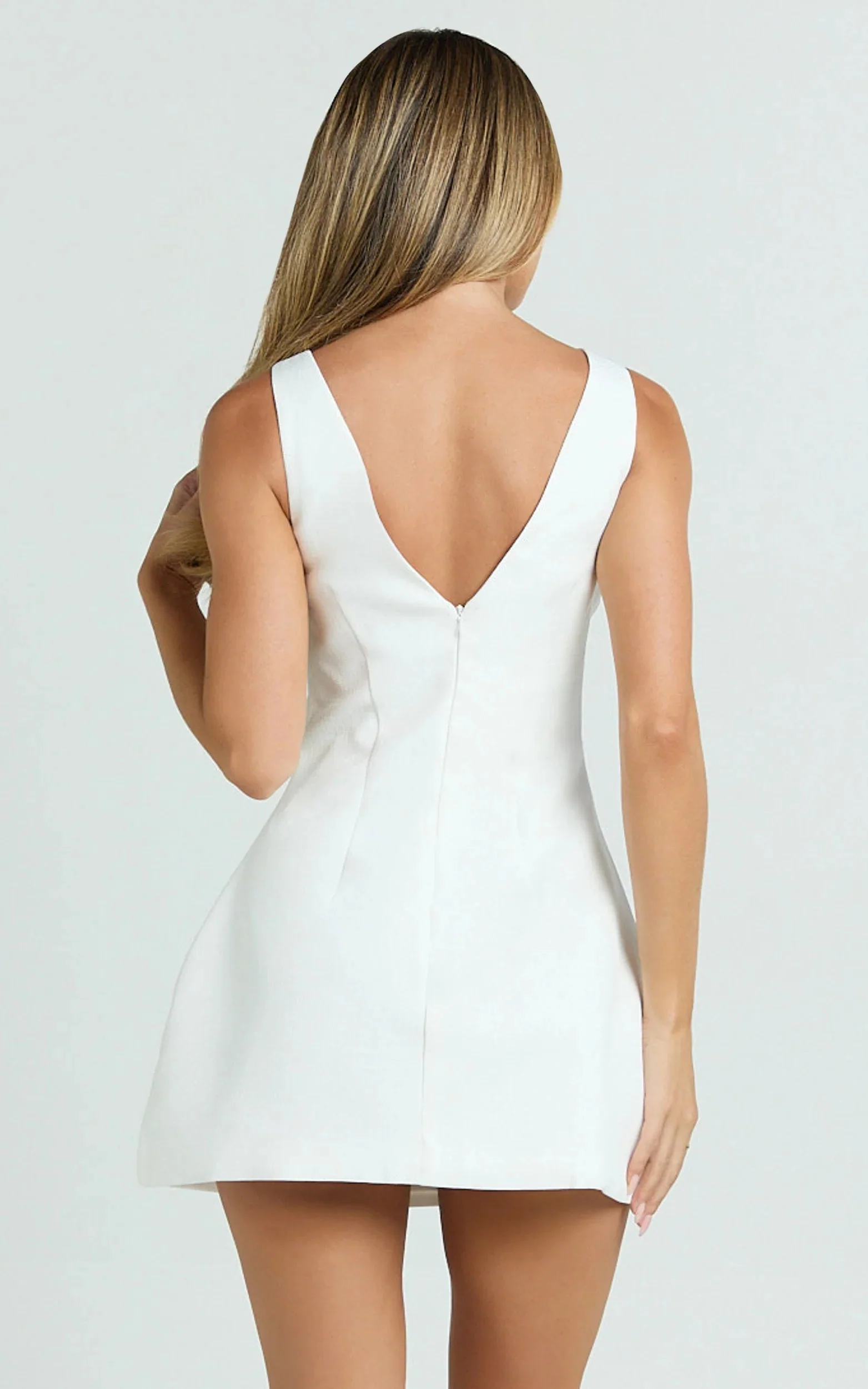 Raquelle Mini Dress Boucle Boat Neck V Back Fit and Flare Dress in White