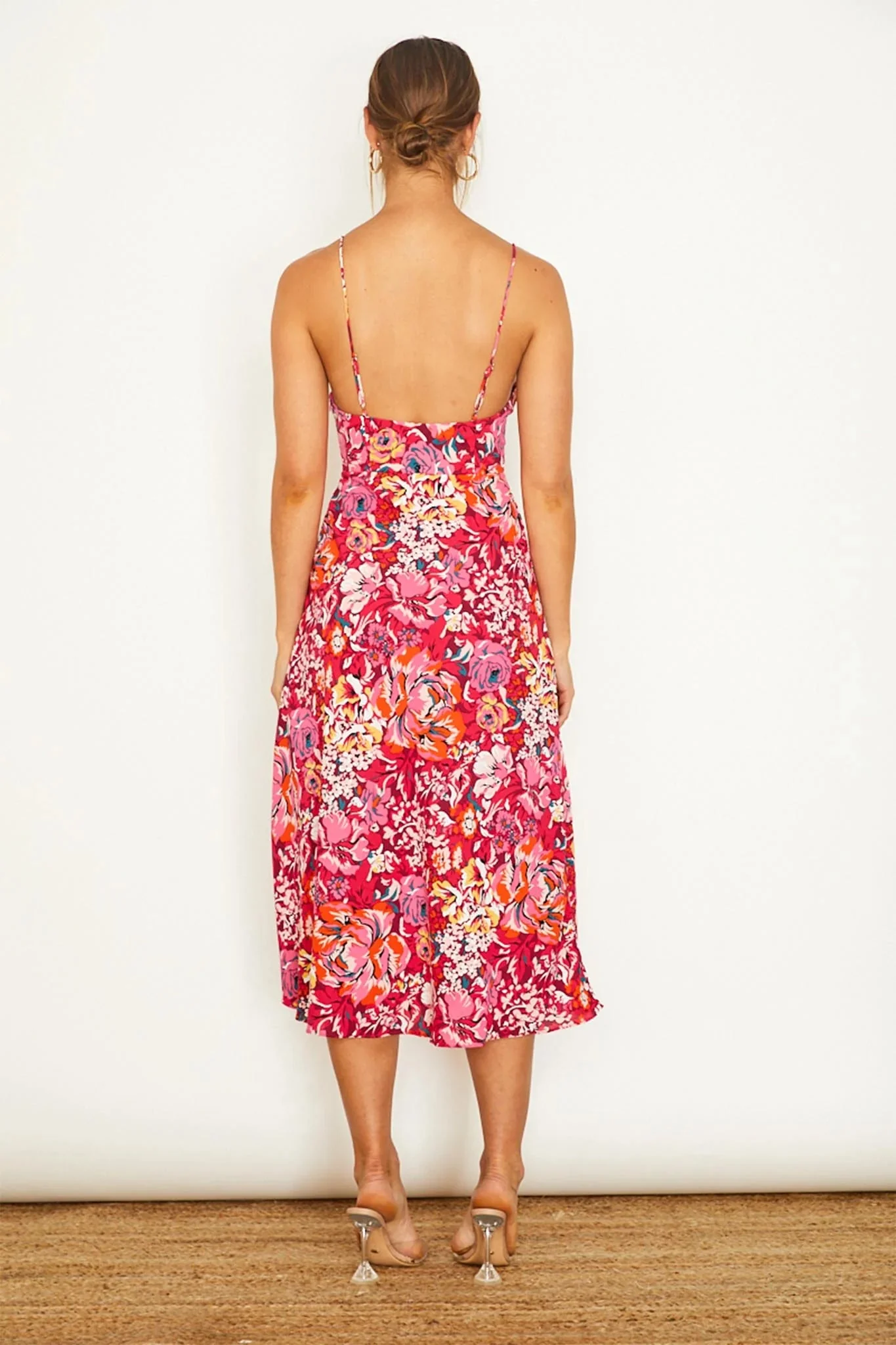 Malibu Gathered Bust Cami Strap Midi Dress Floral Red