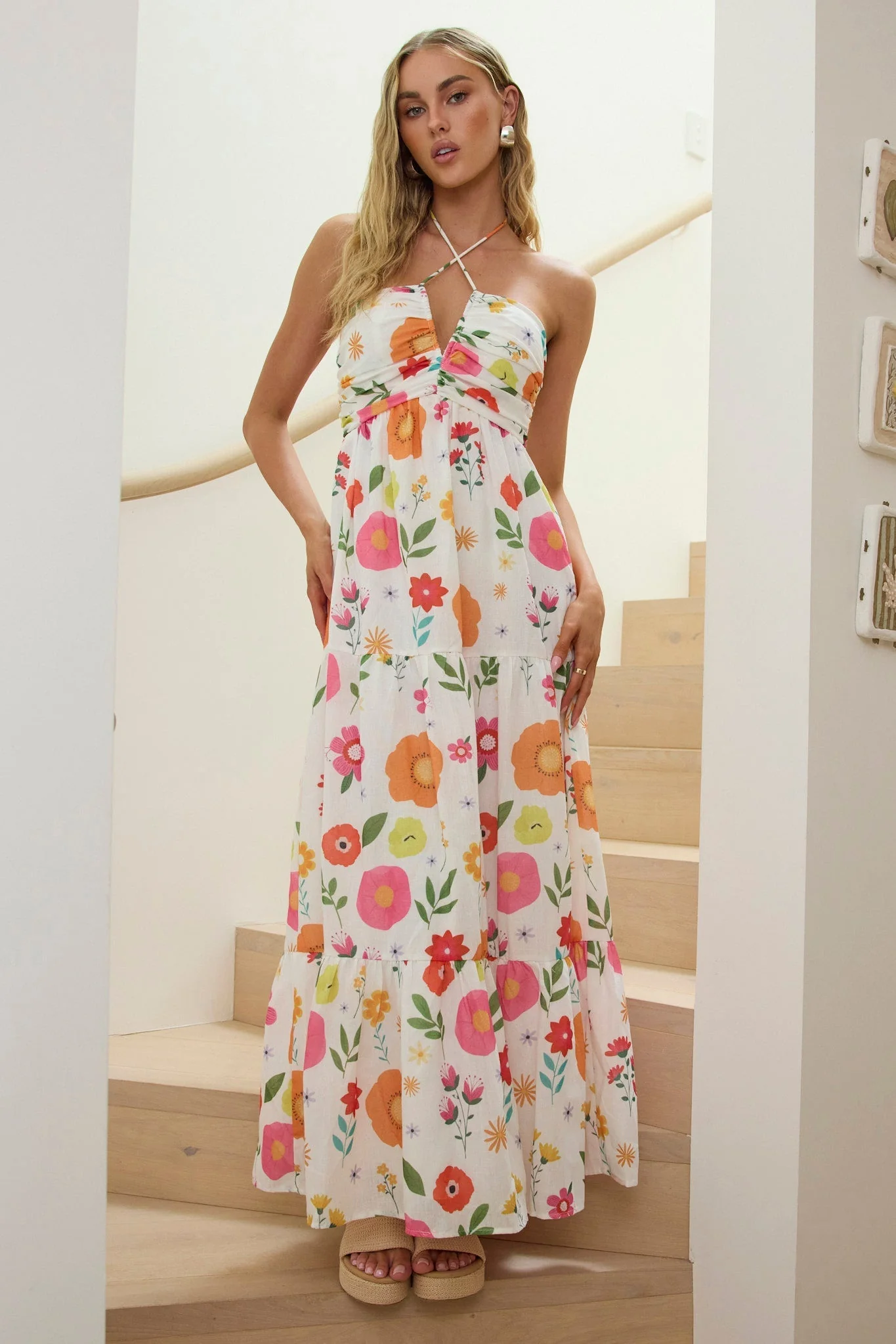 Asiah Gathered Bust Halterneck Maxi Dress Floral White