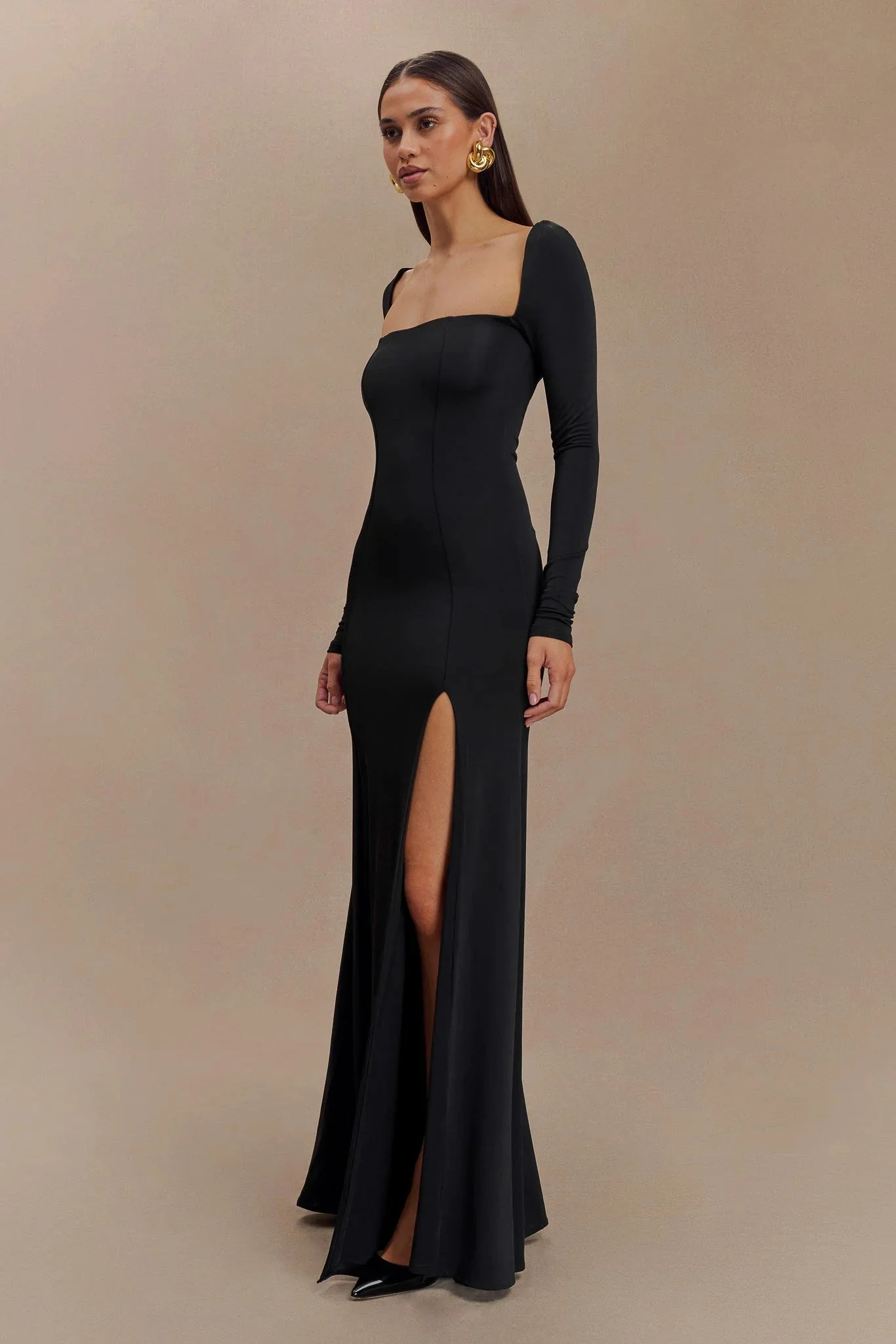 Desirie Slinky Long Sleeve Maxi Dress With Split - Black