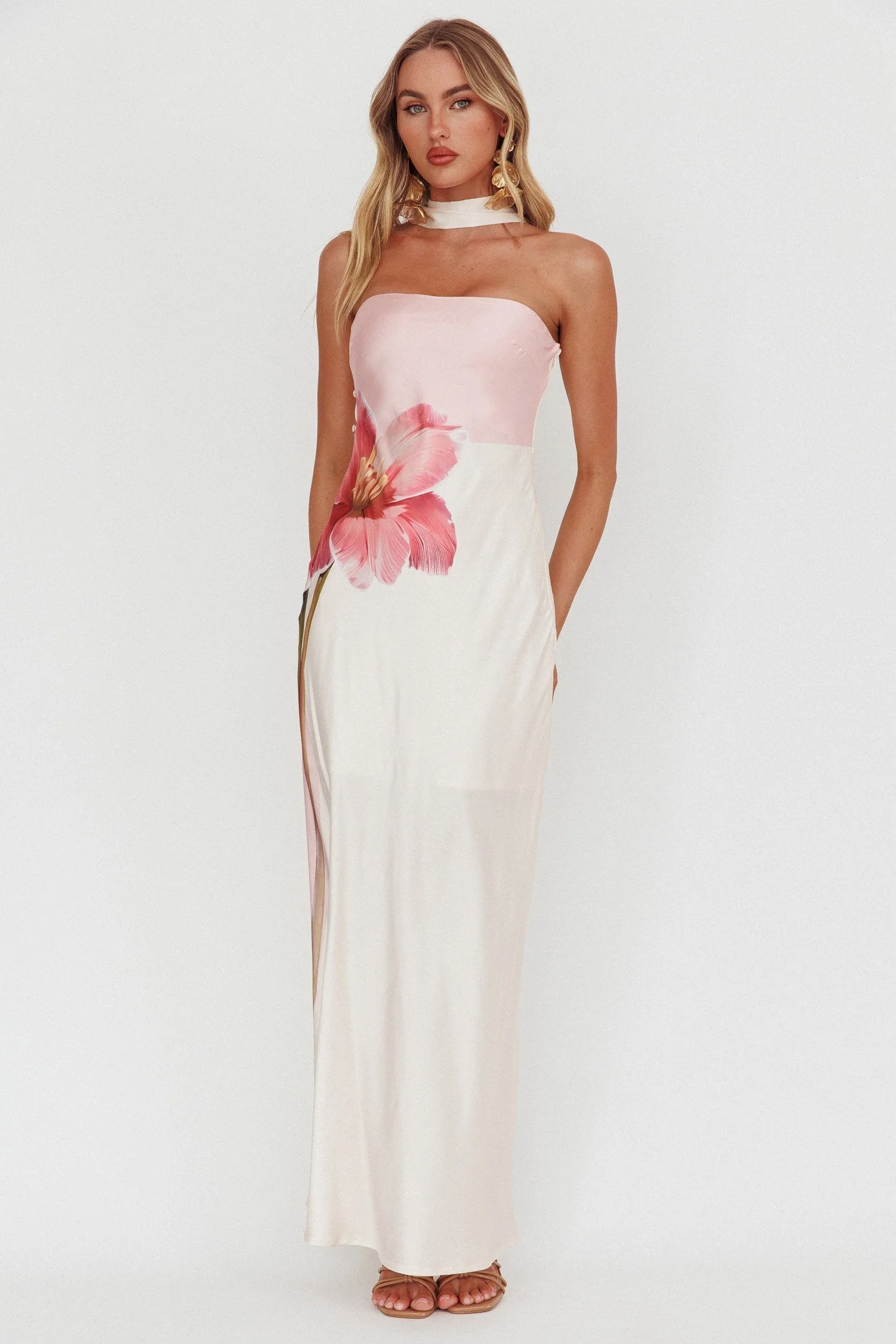 Damsel Reverse Halter Maxi Dress Flower Pink