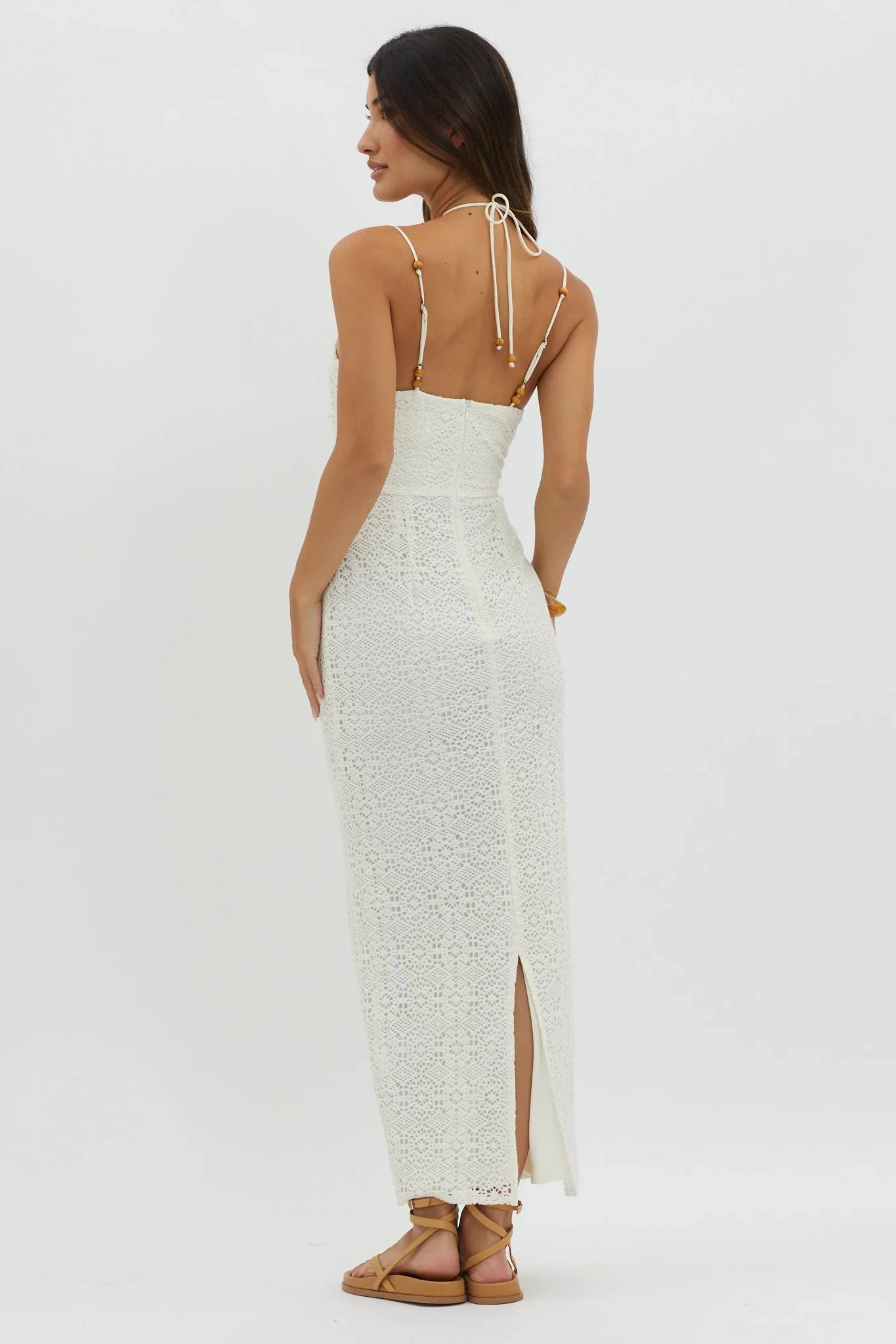 Namaste Bead Strap Lace Midi Dress White