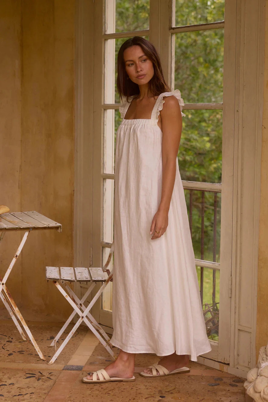 Lily 100% Linen Maxi Dress White