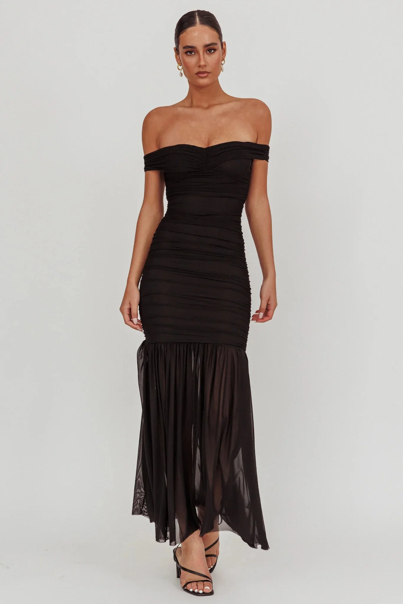 La Salle Off Shoulder Mesh Maxi Dress Black