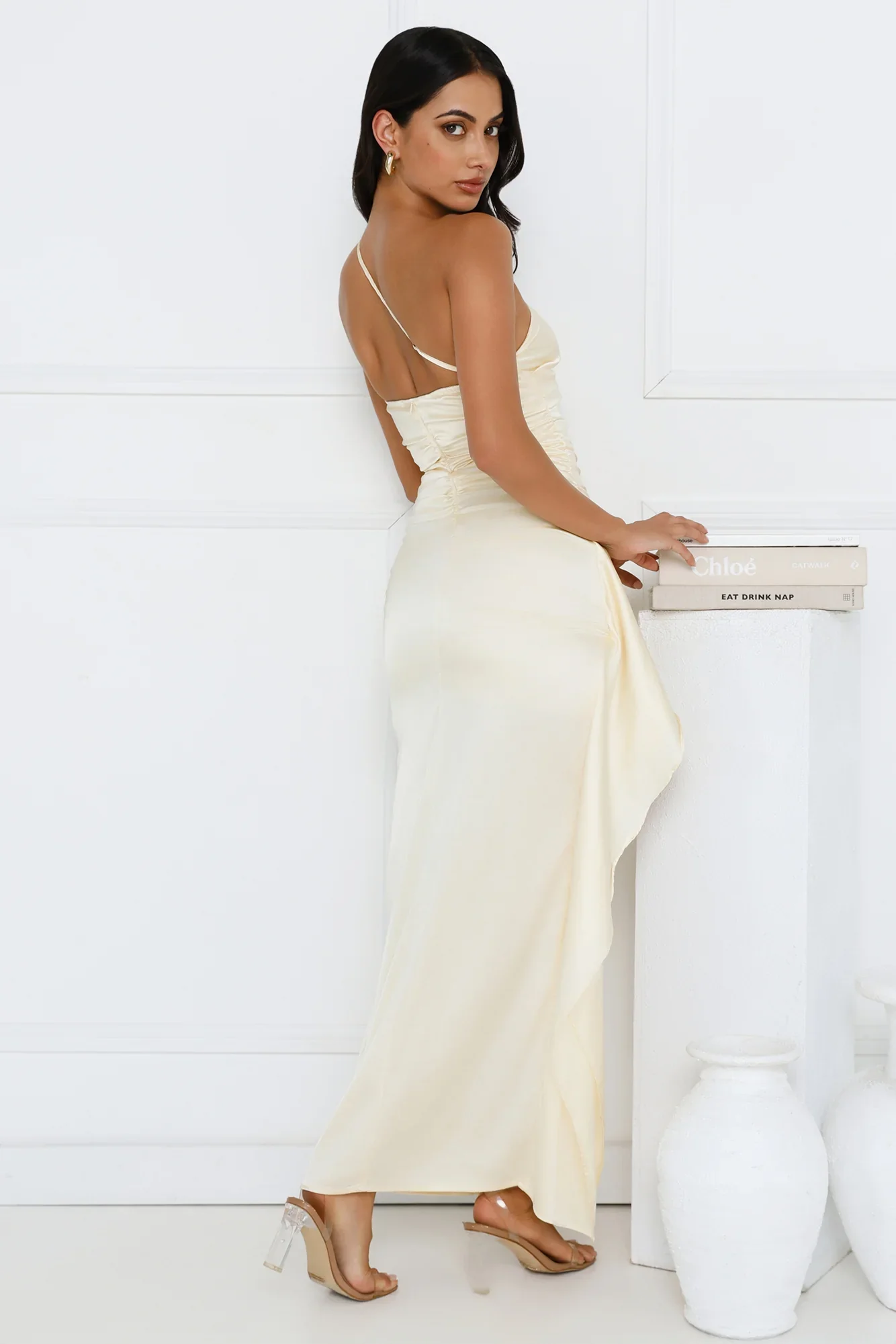 Iconic Impressions One Shoulder Satin Maxi Dress Yellow