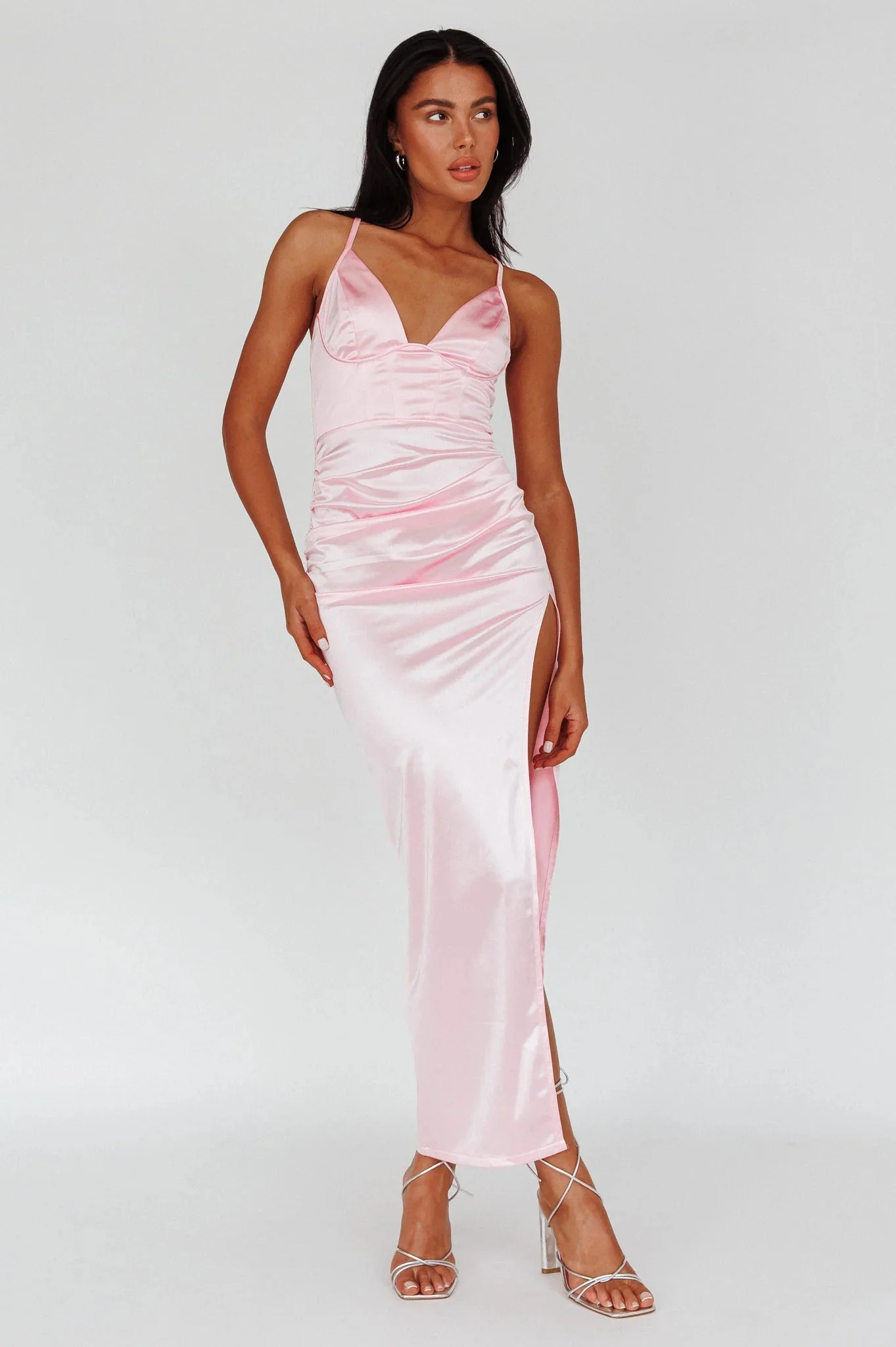 Cierra Thigh Split Maxi Dress Baby Pink