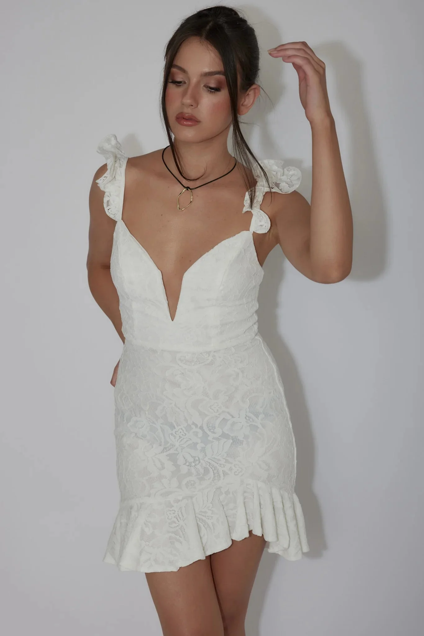 Kianna Ruffle Strap Lace Mini Dress White