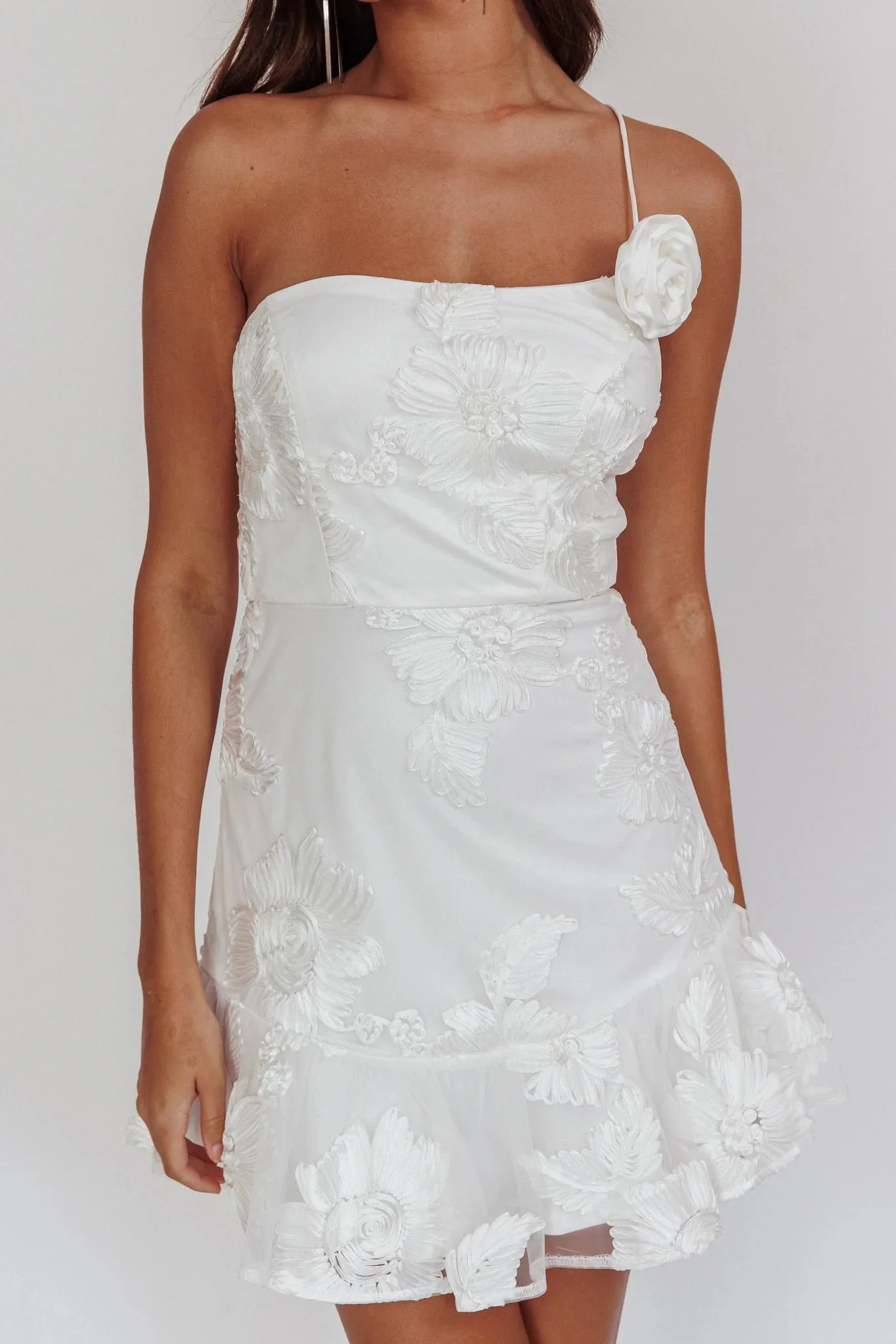 Lilah One-Shoulder Embellished Rosette Dress White