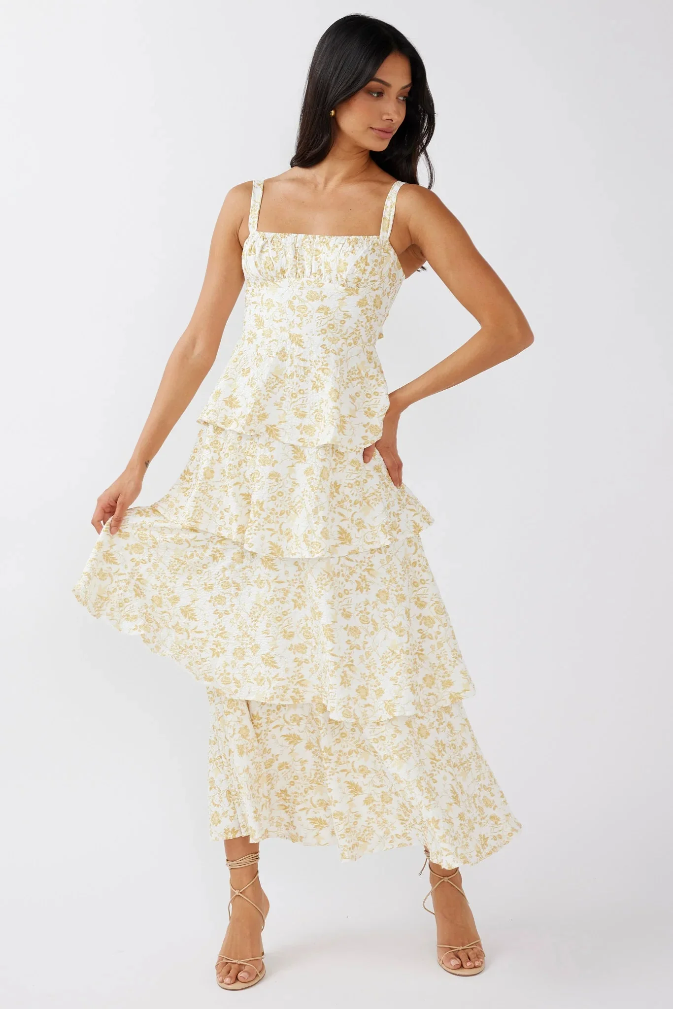 Provence Bloom Tiered Midi Dress Floral Yellow